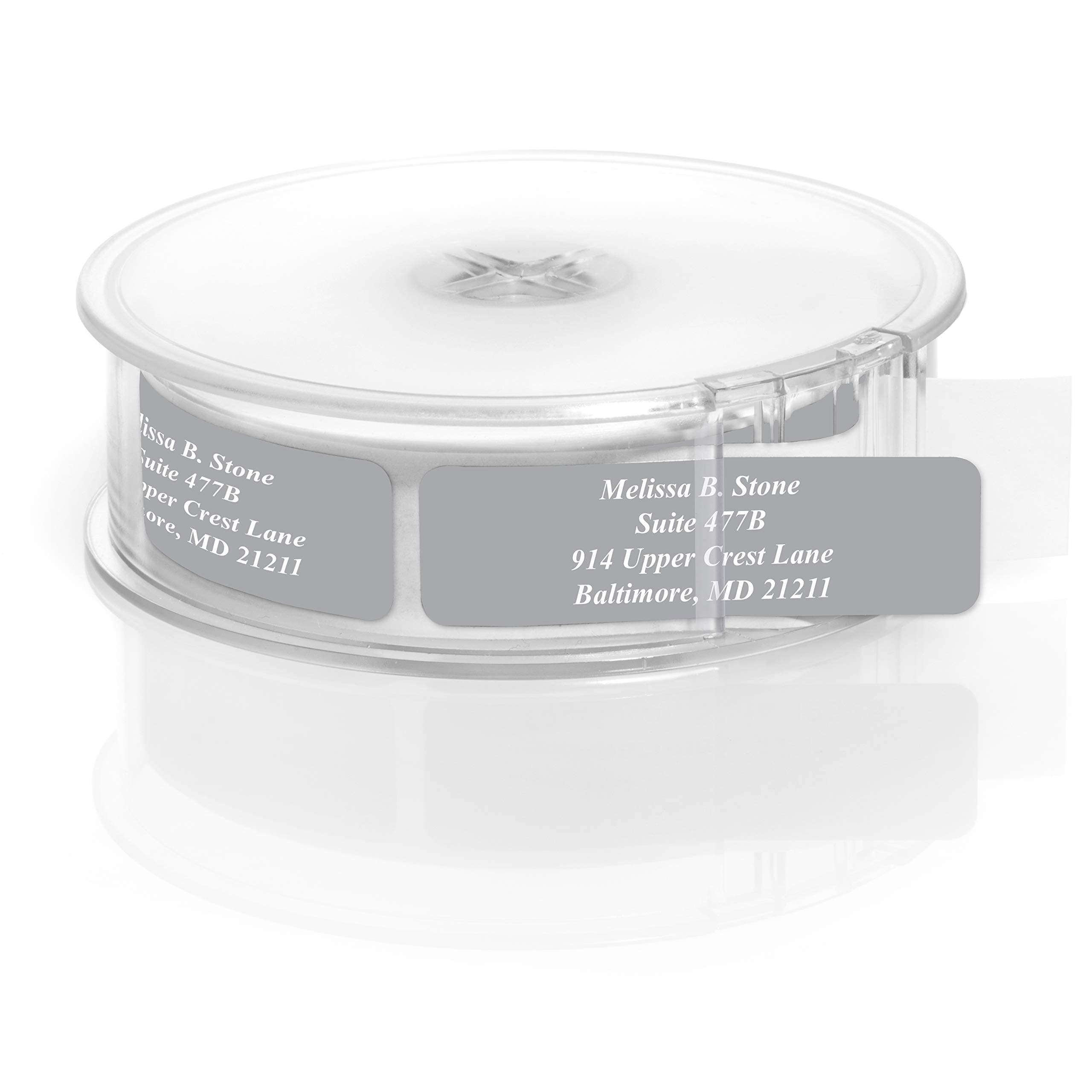 Gray Colored Personalized Address Labels with White Print and Elegant Plastic Dispenser - Roll of 250