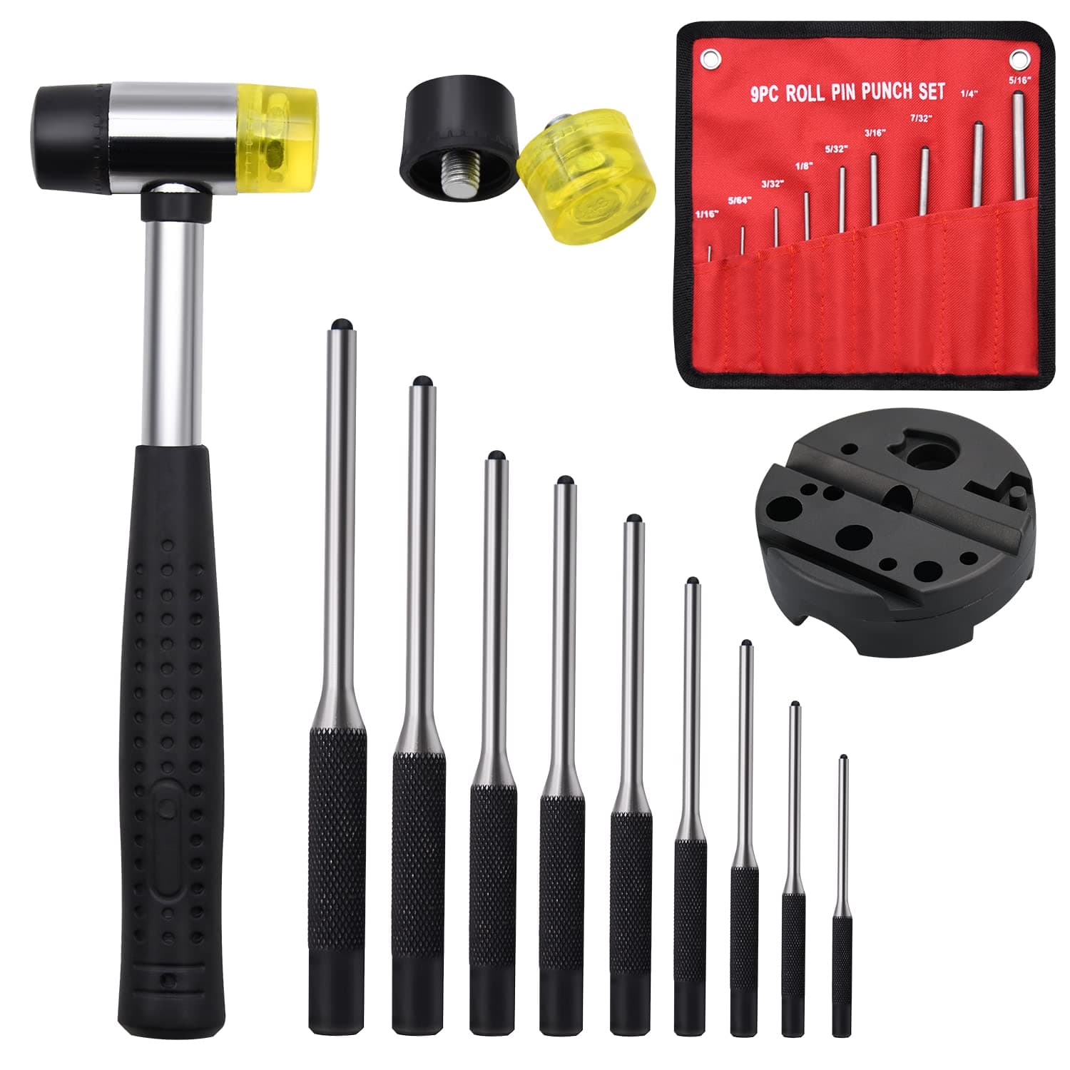 Pin Punch Set, 14pcs Removing Repair Tools, including Universal Block, Pin Punches and Hammer