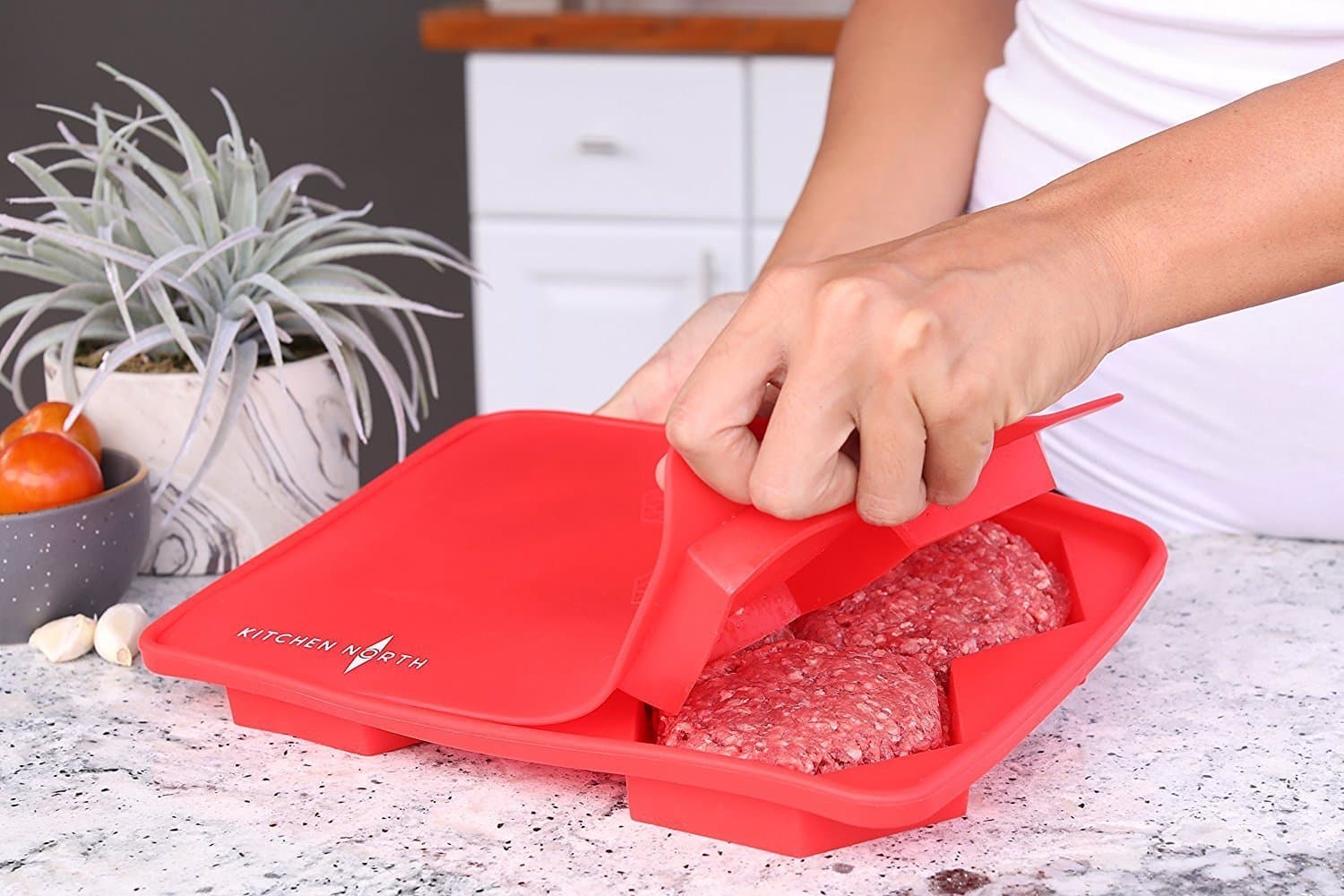 Silicone Burger Press Maker & Freezer Container (5 in 1) Perfect Hexagon Patties (Red)