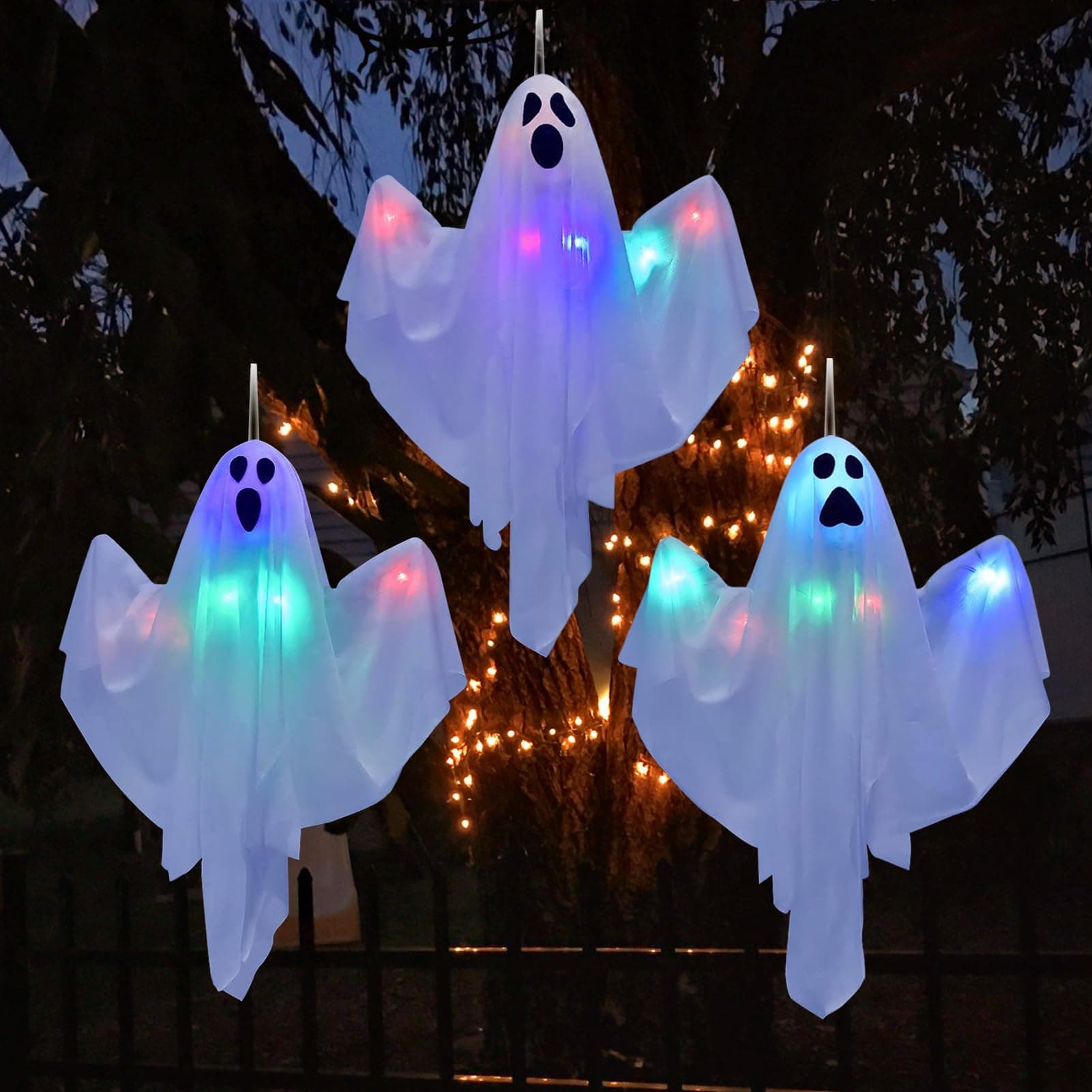 Halloween Ghost Hanging Outdoor Decorations: 3 Pcs 30' Modes Light-up Flying Ghosts Decoration with 3 Flash Spooky Red Eyes - for Yard Porch Patio Lawn Garden (Ghost Glow)