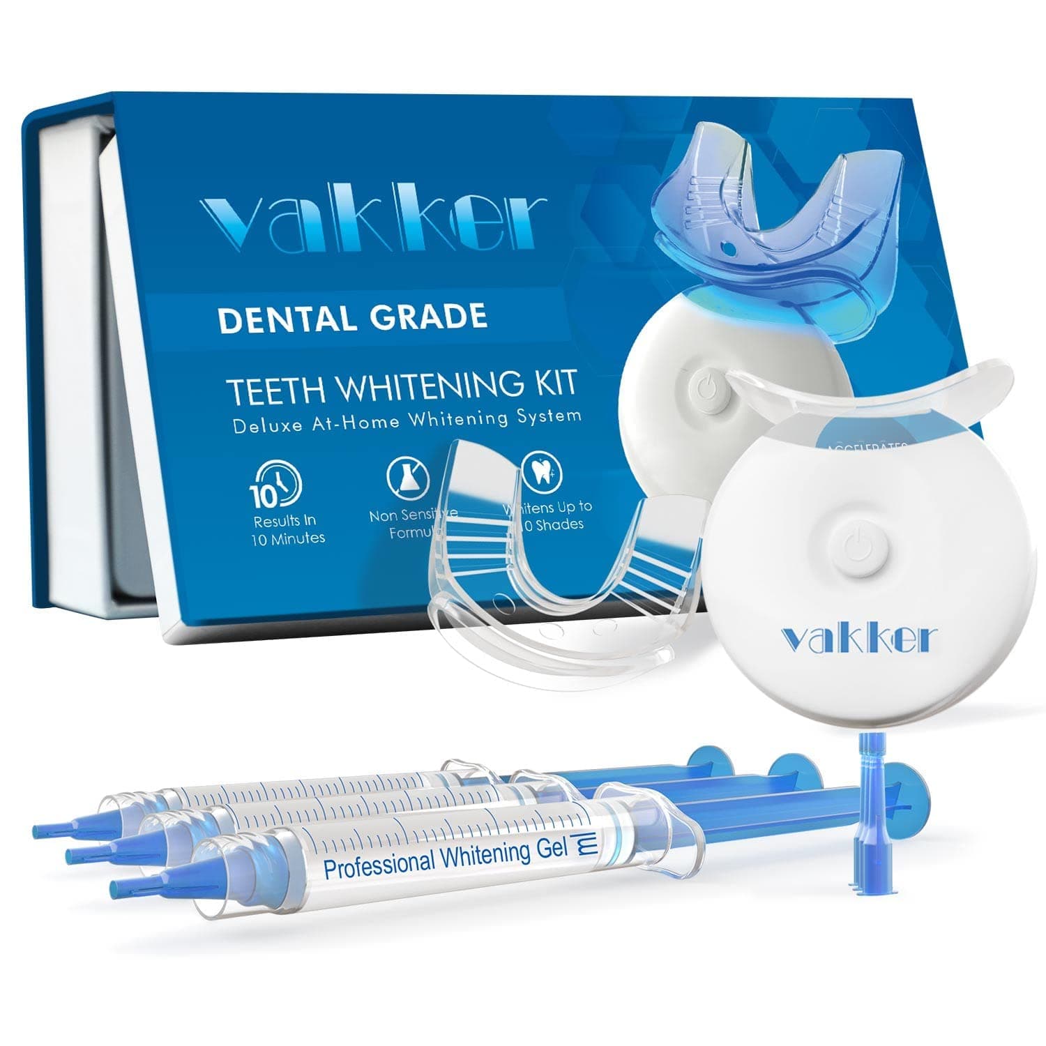Professional Teeth Whitening Kit with LED Light 3 x 3ML 35% Carbamide Peroxide Gel Syringes and Mouth Tray 10 Min Fast Result for Sensitive Teeth Bleaching and Stains Removing (Blue)