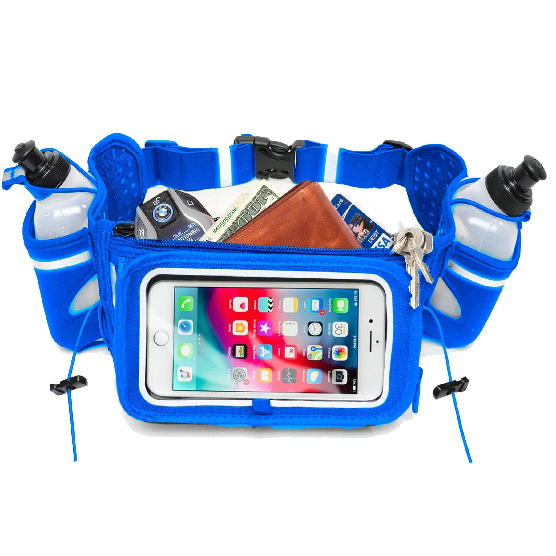 [Voted No.1 Hydration Belt] Winners' Running Fuel Belt - Includes Accessories: 2 BPA Free Water Bottles - Fits Any iPhone - w/Touchscreen Cover - No Bounce Fit and More!, Royal Blue, One Size,