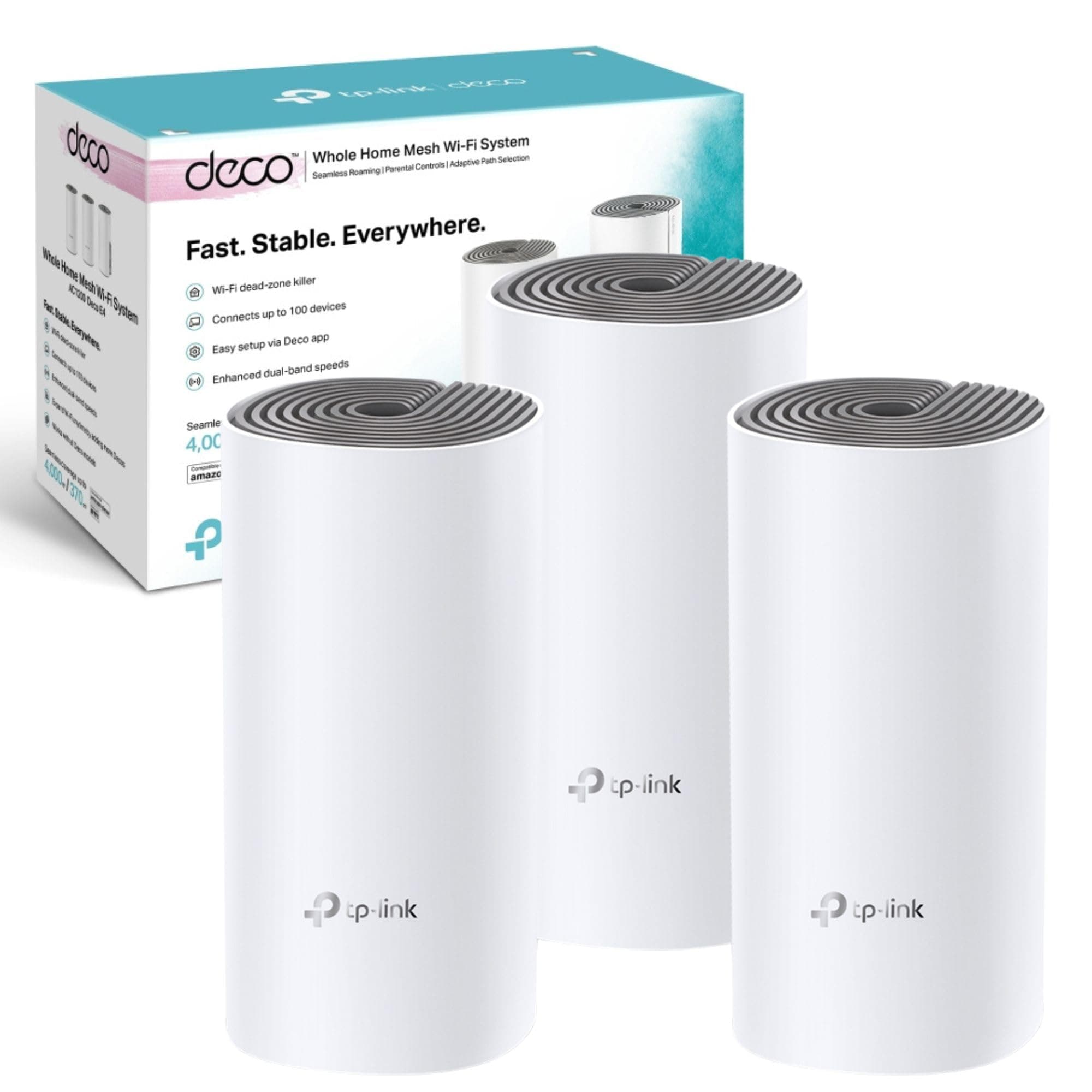 TP-Link Deco E4(3-pack) AC1200 Whole Home Mesh WiFi System, Seamless Roaming, Up to 4,000 sq ft Coverage, Work with Amazon Echo/Alexa, Router and WiFi Booster Replacement