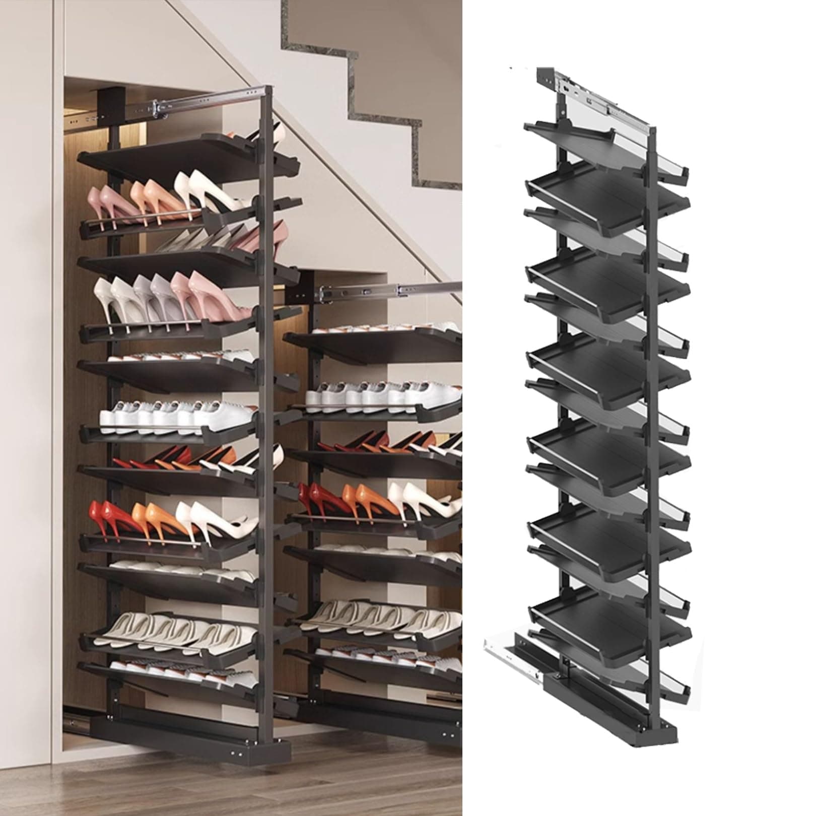 Pull-Out Shoe Rack Organizer for Closet Shoe Cabinet,Adjustable Height Retractable Metal Stackable Shoe Rack, Vertical Shelf Organizer for Small Bedroom Closet, Space Saving Storage, Black(53cm,13 Tie