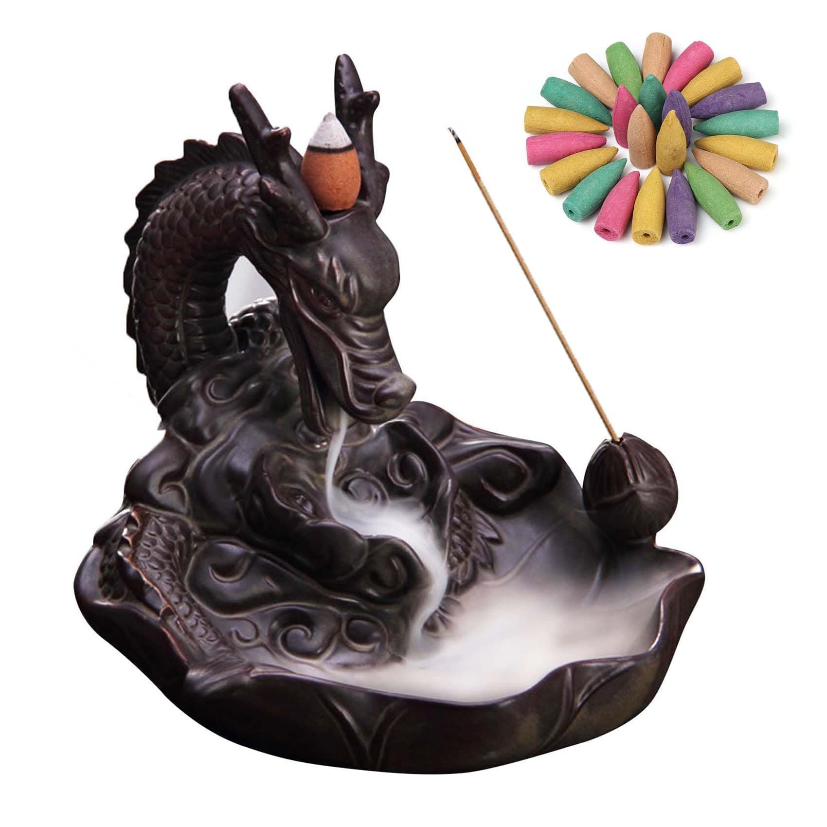 Ceramic Dragon Backflow Incense Burner, Home Decorate Waterfall Incense Holder with 20pcs Cones