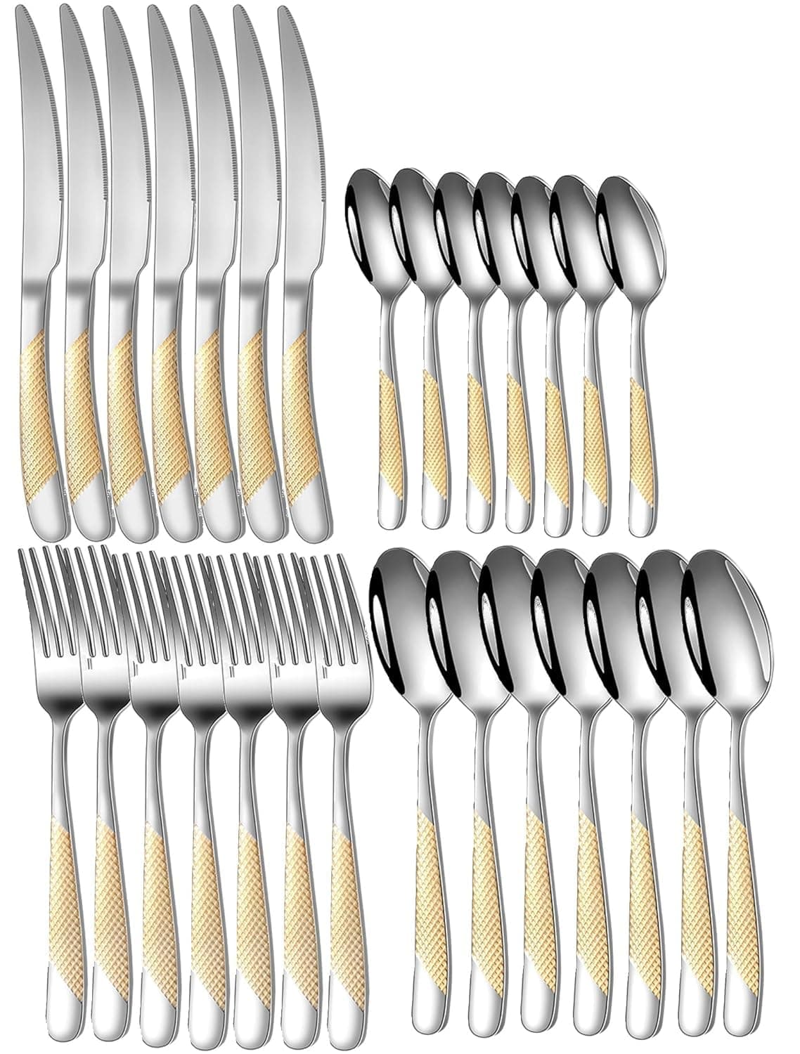 Mirror Finish Gold Plated Stainless Steel Flatware Set Copper Silverware Set Rose Gold Spoon Color Cutlery Set [Dinner Fork-Tea Spoon-Salad Spoon-Knife] Set of (Golden DOT, 28)
