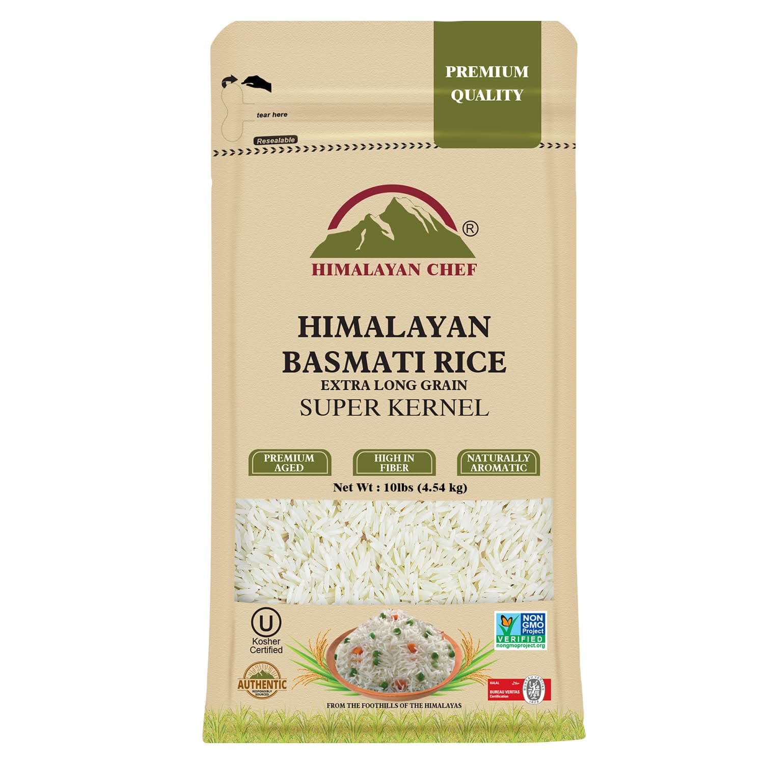 Basmati Rice, Natural Extra Long Grain Super Kernal Rice, Premium Quality, Quick Cooking Aromatic, Non-GMO, Halal and Kosher Certified - 10 lbs