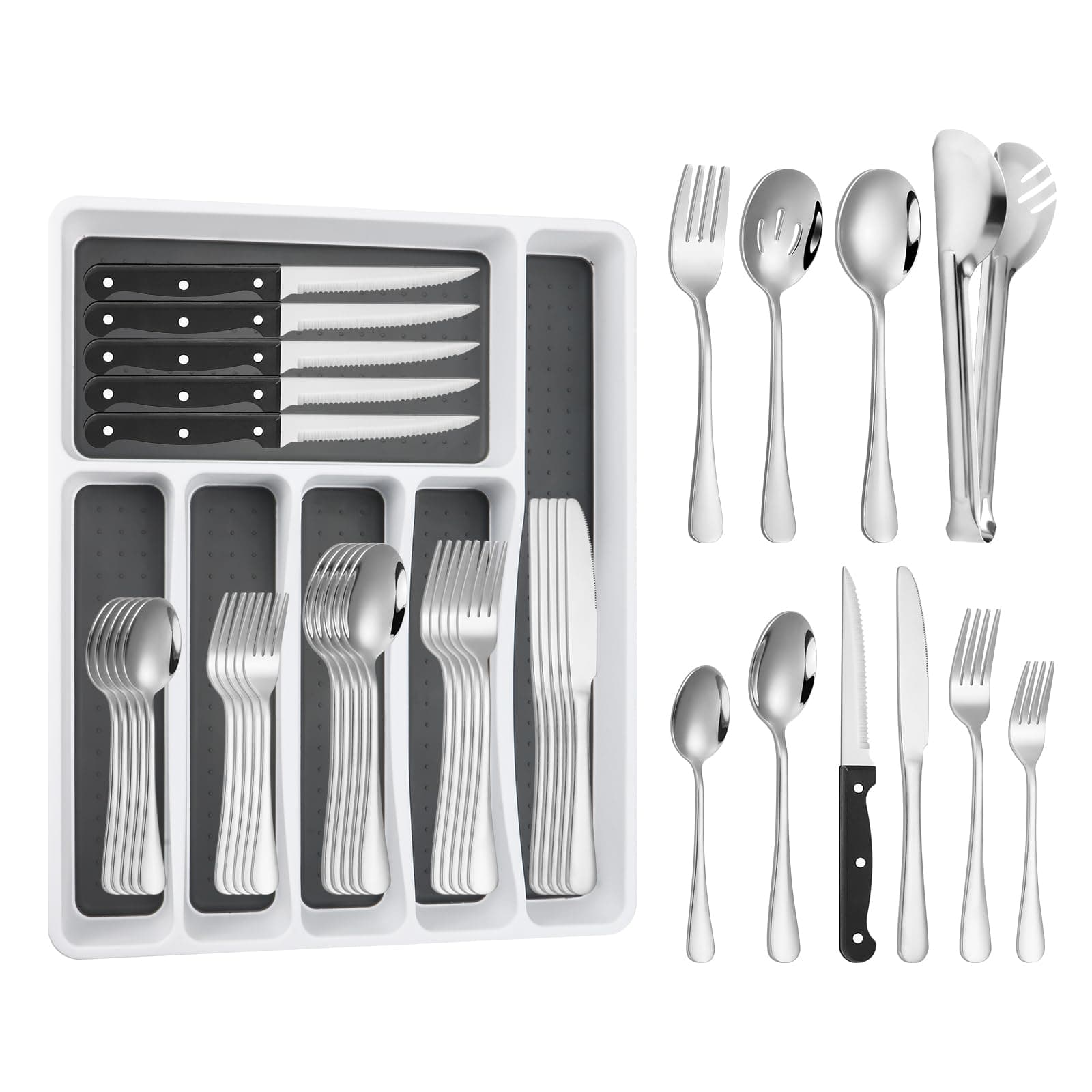 53PCS Silverware Set for 8 with Flatware Drawer Organizer, Stainless Steel Cutlery Set with Steak Knives, Include Spoons and Forks Set & Serving Utensils, Mirror Polished, Dishwasher Safe