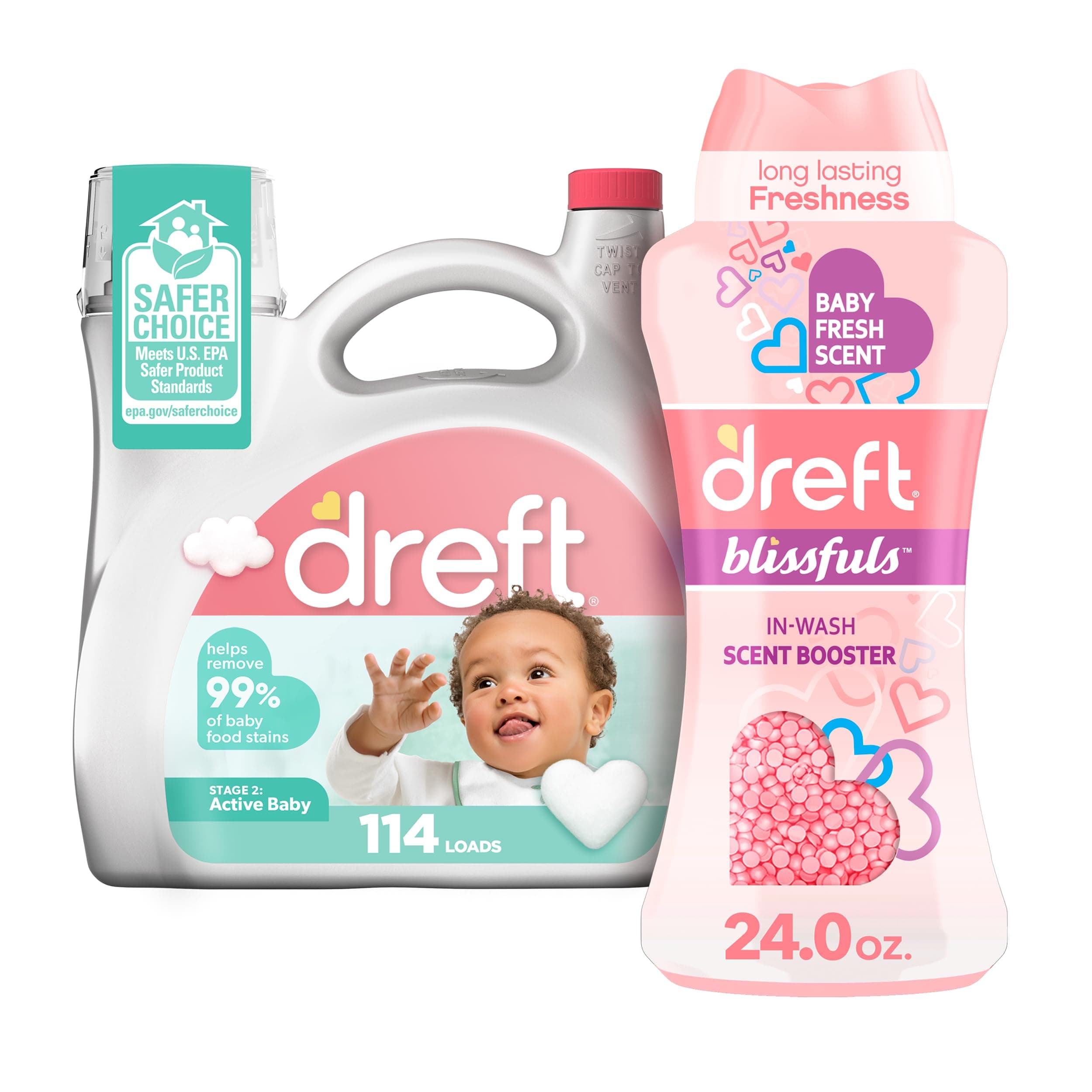 Bundle of Dreft Stage 2: Active Baby Liquid Laundry Detergent 114 Loads 165 fl oz + Blissfuls In-Wash Scent Booster Beads, Baby Fresh Scent, 24 oz