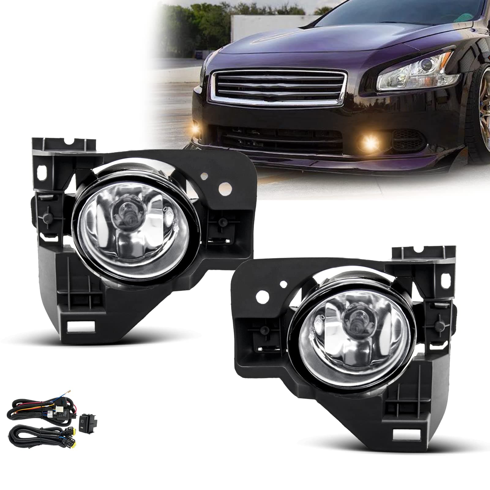 Fog Lights Assembly For 2009 2010 2011 2012 2013 2014 Nissan Maxima Fog Lamps Replacement Kit with Switch&Wiring H11 12V 55W Halogen Bulbs