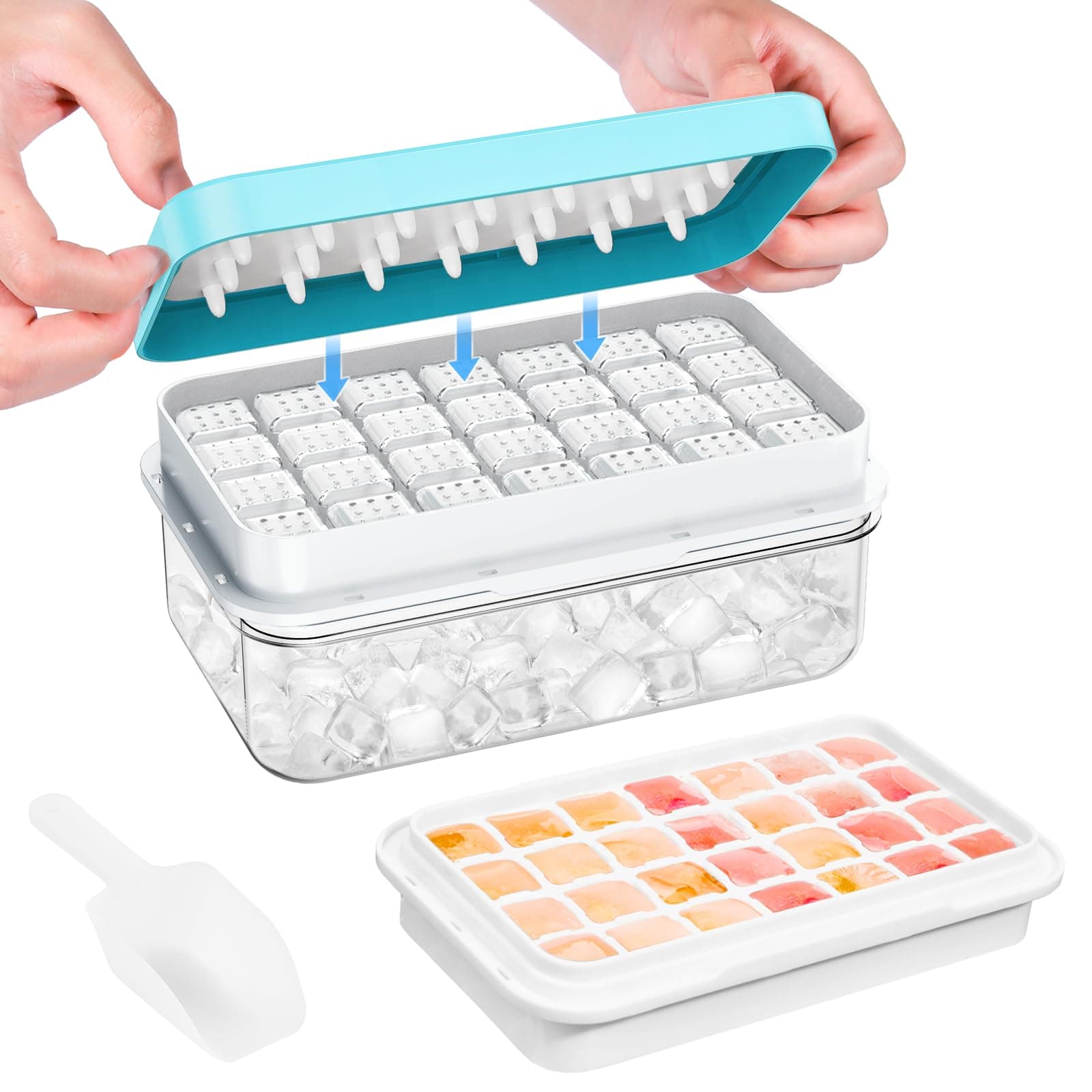 Ice Cube Tray with Lid and Bin, 28 pcs Ice Cubes Molds, Ice Trays for Freezer, Ice Cube Tray Mold, with 1 tray, Ice Freezer Container, Spill-Resistant Removable Lid & Ice Scoop, for Whiskey,Cocktail