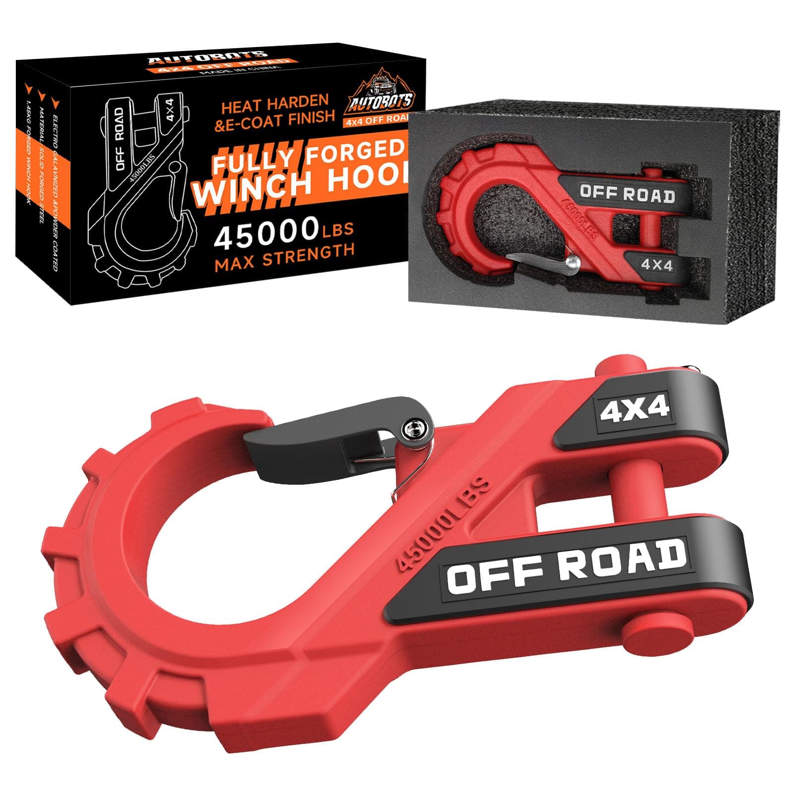 3/8" Winch Hook Max 45,000 Lbs, Heavy Duty ATV Winch Hook with Safety Latch for ATV UTV SUV Trailers，Tow Winch Accessories for Synthetic Rope Winch Cable Red