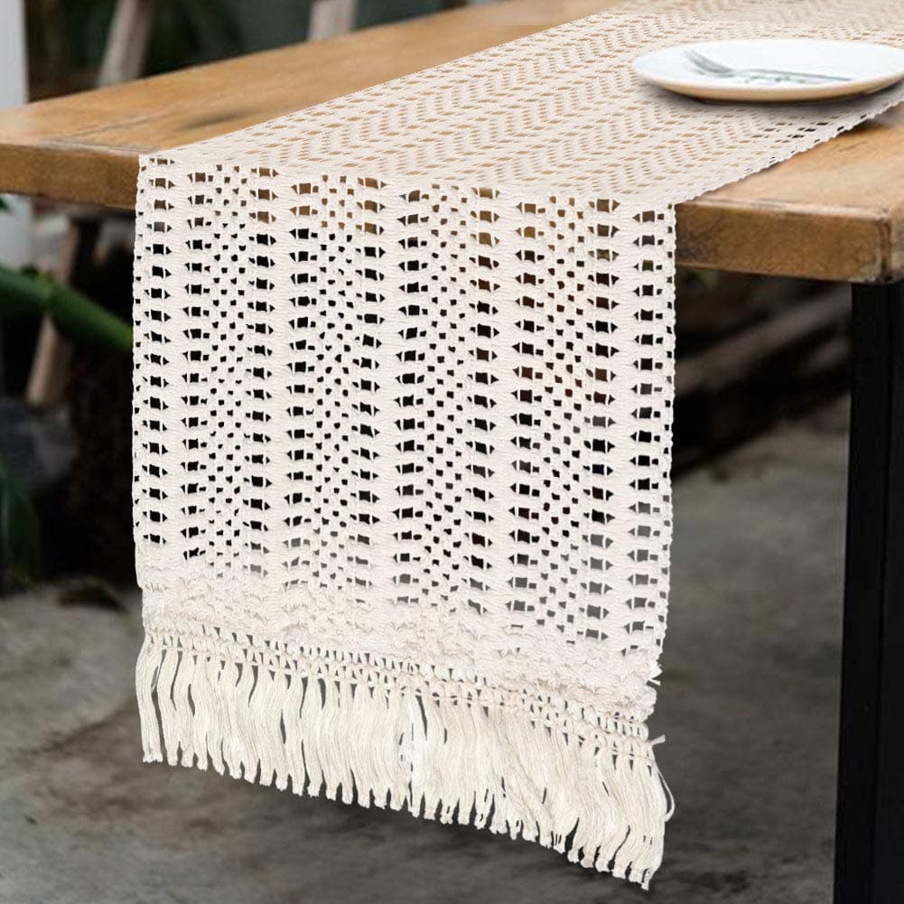 TBhappy Cotton Macrame Table Runner 12 x 108inch, Handwoven Boho Table Runner with Tassels for Wedding Table Decoration