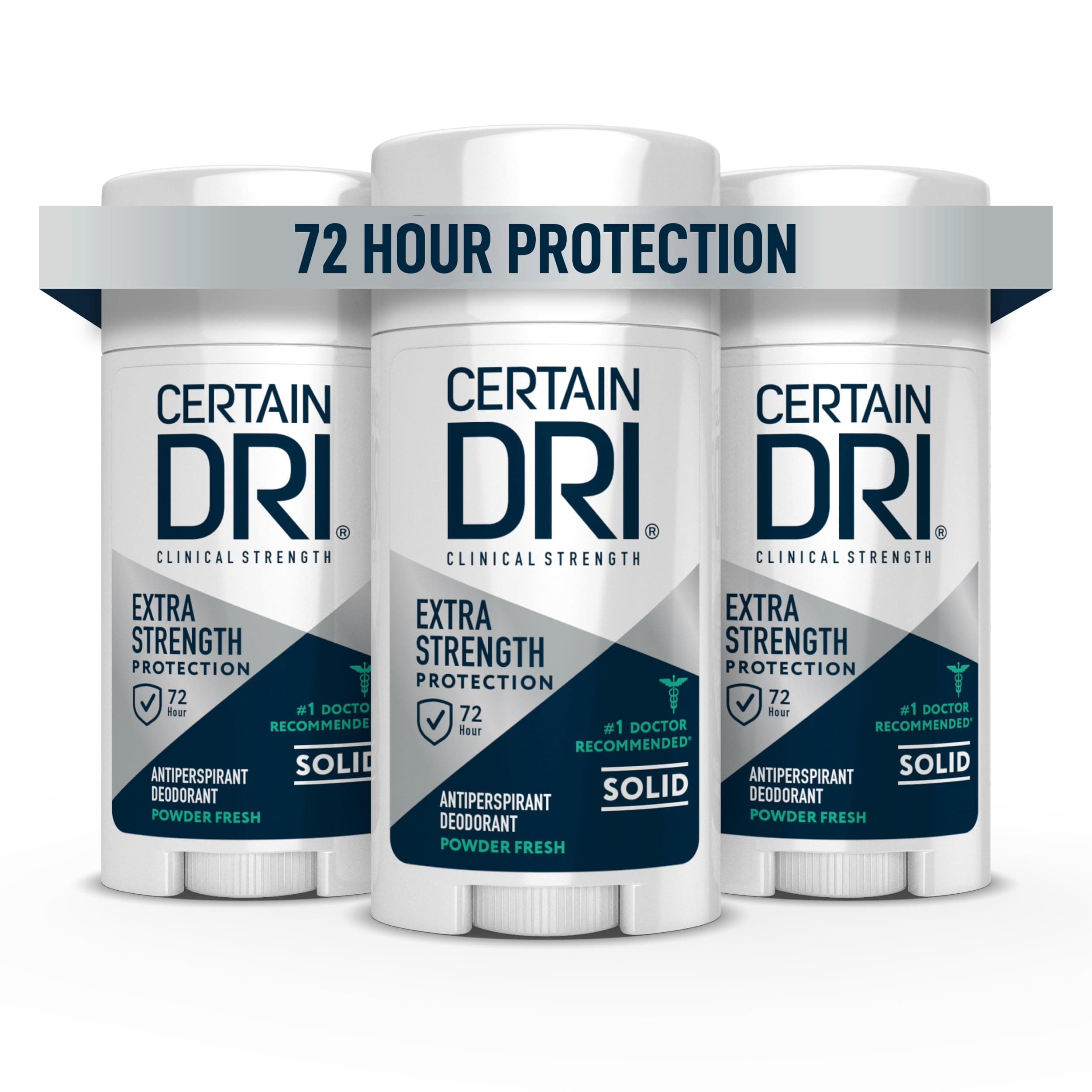 Certain Dri Extra Strength Clinical Solid Antiperspirant - 72-Hour Sweat & Odor Protection for Hyperhidrosis - Maximum-Strength - Powder Fresh Scent - 1.7 oz (Pack of 3)