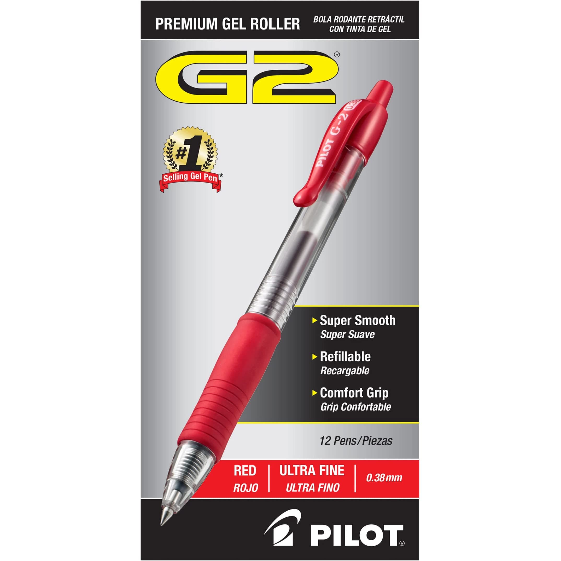 G2 Premium Refillable & Retractable Rolling Ball Gel Pens, Ultra Fine Point, Red Ink, 12-Pack (31279)