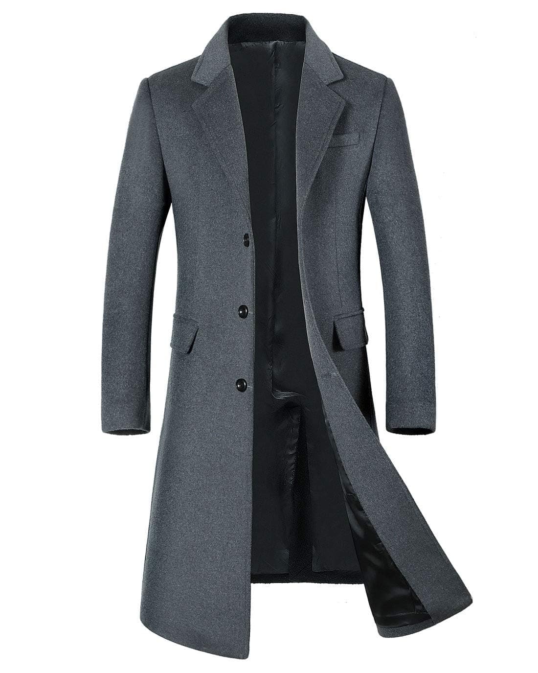 ebossy Men's Wool Blend Full Length Overcoat Single Breasted Long Coat with Flap Pocket
