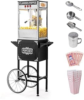 ROVSUN Popcorn Machine with Cart, Wheels & 10 Oz Kettle Makes Up to 4 Gallons ETL Certified, Popcorn Maker w/Stainless Steel Scoop, Oil Spoon, Bags & 3 Popcorn Cups for Commercial Home Movie Theater