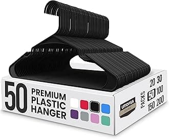 Plastic Hangers 50 Pack, Space-Saving Clothes Hangers with Non-Slip Shoulder Grooves for Strappy Clothes, Ideal for Home Closet Organization and Warddrobe Solutions (Black)