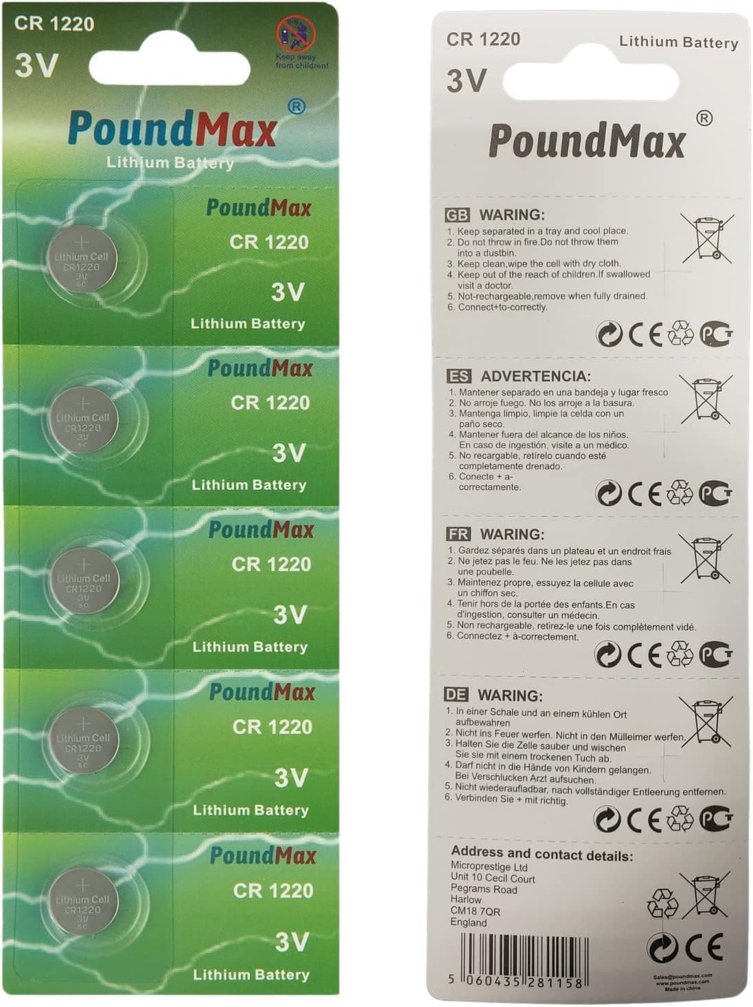 PoundMax 1220 CR1220 5 lithium batteries 3V