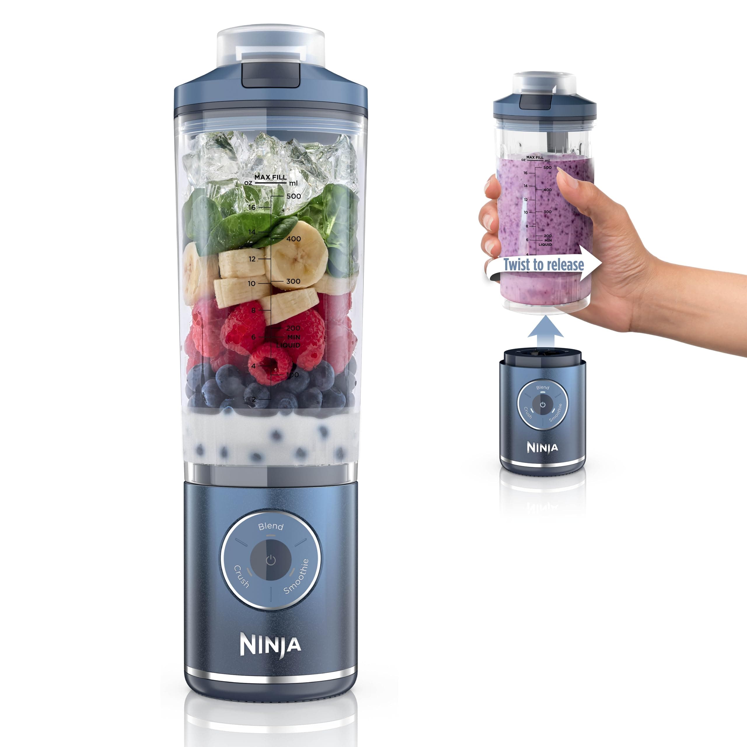 Ninja Blast Max Portable Blender + Twist & Go Personal Smoothie Blend, Ice Crush, 3 Programs, Cordless, 22 oz, Removable Container, Dishwasher Safe, Leak Proof, Navy BC251NV
