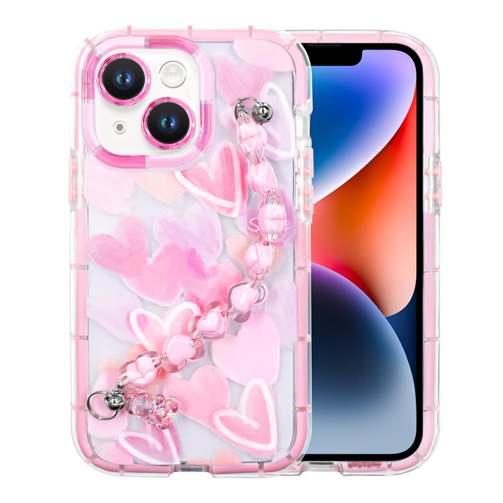 YEPO For iPhone 14 Plus Case Cute Wrist Strap, Pink Heart Design Soft TPU Shockproof Protective Clear Phone Cases for iPhone 14 Plus Girls Women