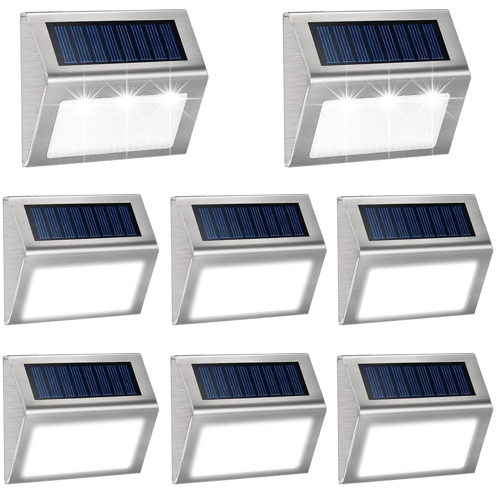 KASUN Solar Deck Lights, Super Bright LED Walkway Light Stainless Steel Waterproof Outdoor Security Lamps for Patio Stairs Garden Pathway - White Light, Pack of 8