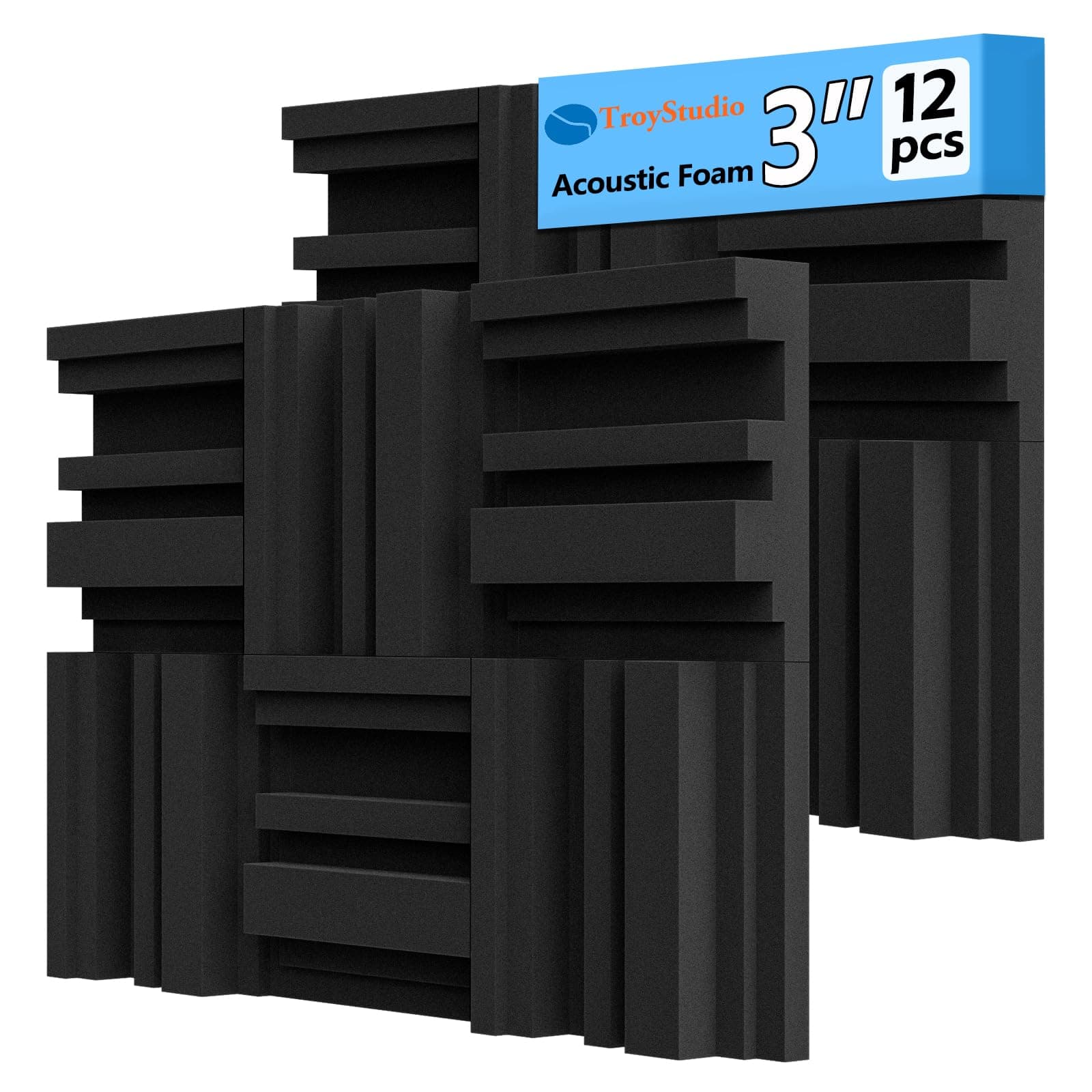 TroyStudio Foam Diffuser, 12 X 12 X 3 Inches 12 Pcs Broadband Sound Absorbing Foam, Dense Soundproof Padding Tile, Recording Studio Foam Absorber, Groove Decorative 3D Wall Ceiling Panel