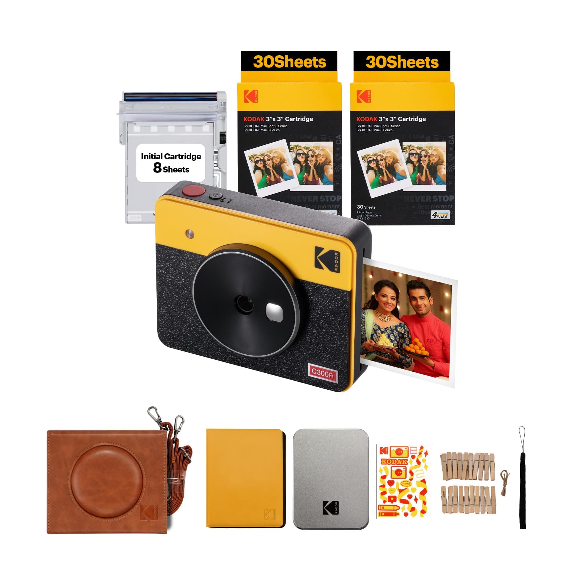 Mini Shot 3 Retro 4PASS 2-in-1 Instant Camera and Photo Printer (3x3 inches) + 68 Sheets Gift Bundle, Yellow