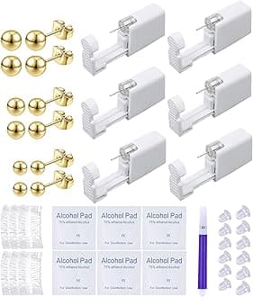 Disposable Ear Piercing Gun Kit Ear Cartilage Piercing Kit Easy and Safe Earring Self for Yourself Use at Home(Gold Ball Pattern 234mm)