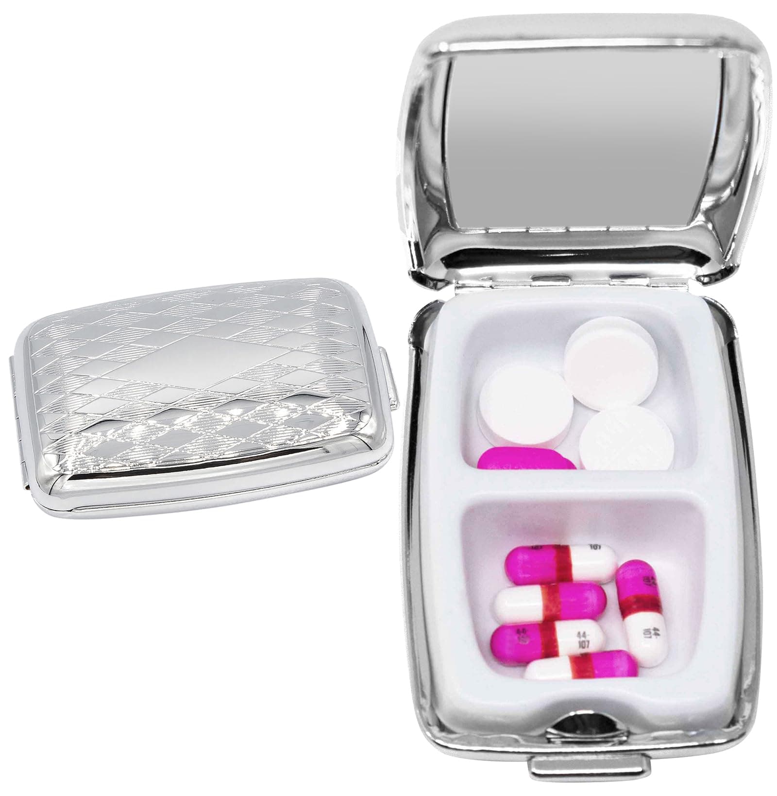 Set of 2 Etched Rectangular Pocket Purse Pill Box & Organizer with Dual Compartments (Diamond Pattern)