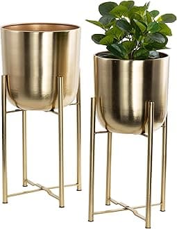 CosmoLiving by Cosmopolitan Metal Indoor Outdoor Planter Dome Large Planter Pot with Removable Stand, Set of 2 Planters 19", 22"H, Gold