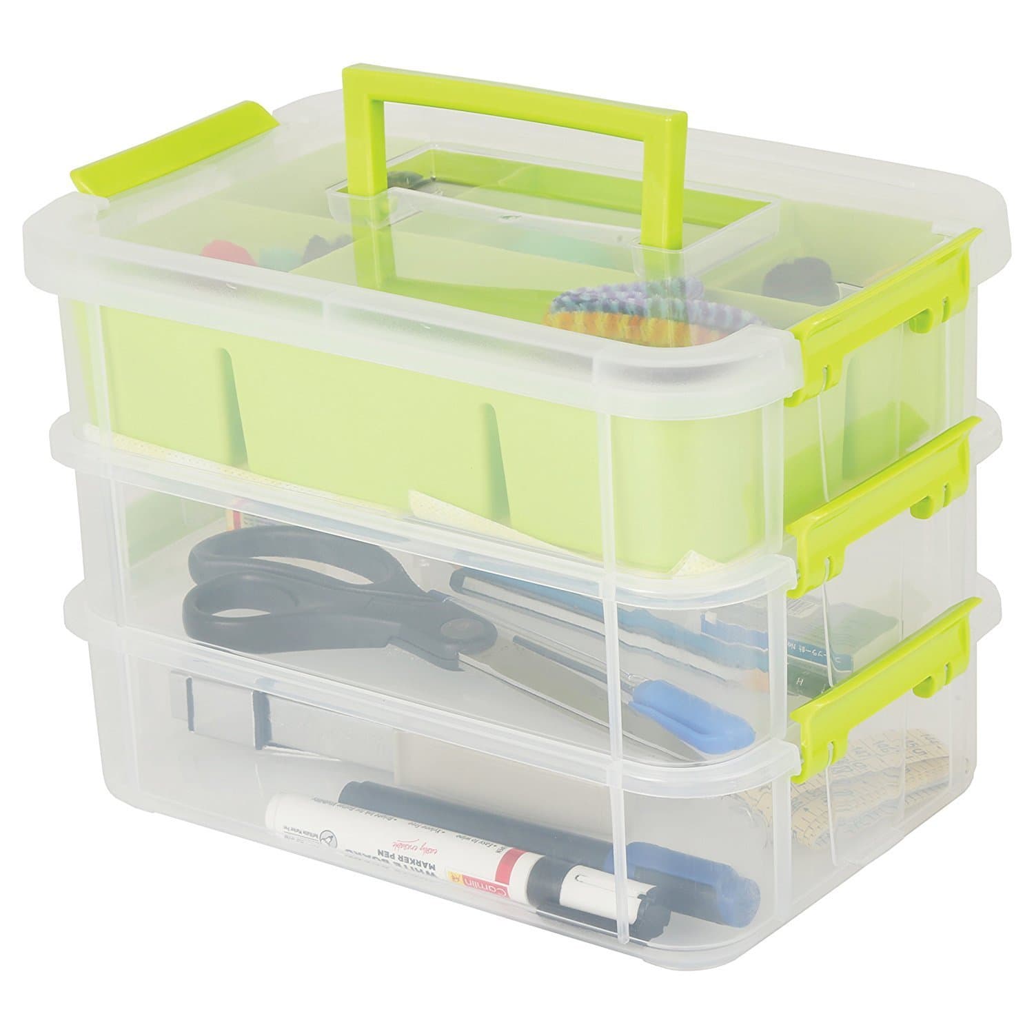 Plastic 3 -Layer Grid Portable Transparent Storage Box for Stationary Jewellery Cosmetics Organizer, Medicine Pill Box with Handle (Red, Green and Blue, Standard Size)