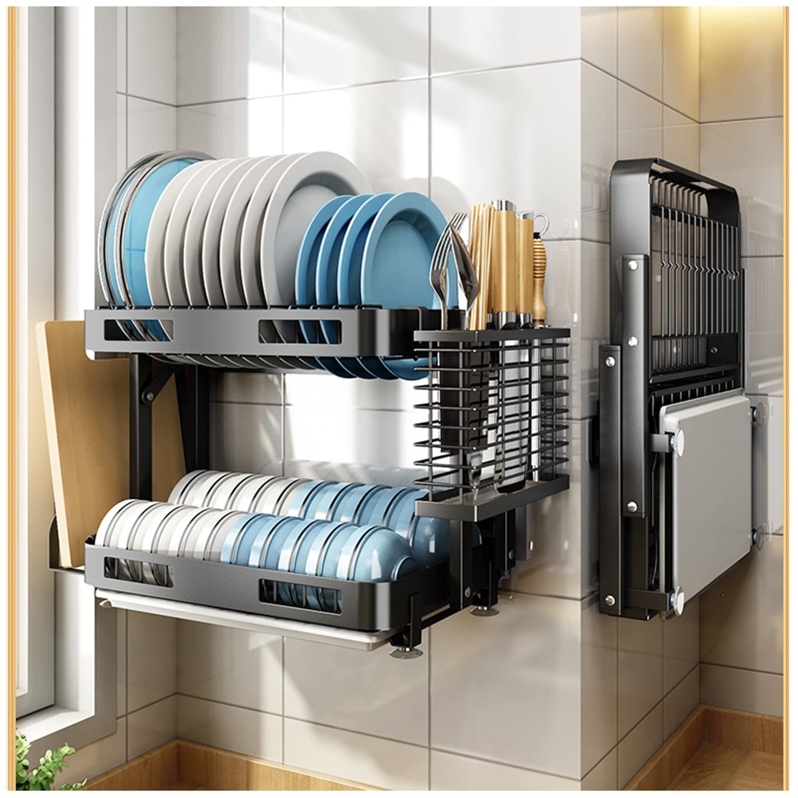 Wall Mounted Stainless Steel Dish Drying Rack, 1 Collapsible Double Layer Dish Drainer with Removable Water Tray, 1 Cutting Board Holder, 1 Knife Chopsticks Rest