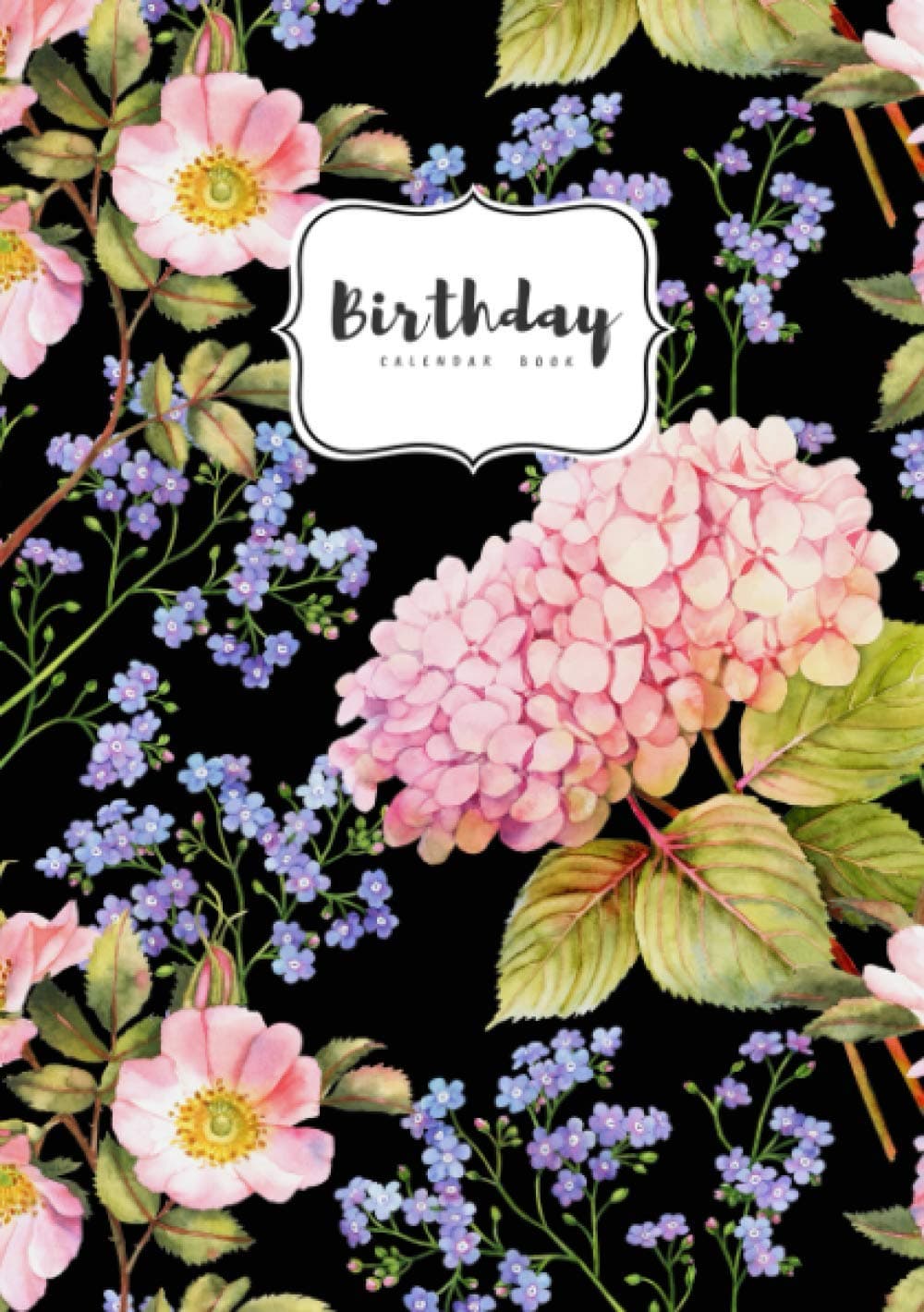 Birthday Calendar Book: A5 Important Date Notebook Medium | Large Print | Monthly Index Labels | Forget Me Not Flower Design Black