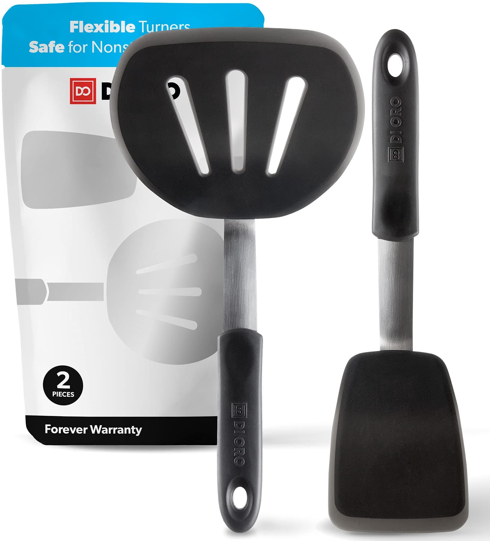 Silicone Turner Spatula Set - Kitchen Spatulas for Nonstick Cookware - Flexible & Thin Flippers for Eggs & Pancakes - 600°F Heat-Resistant & BPA Free Cooking Utensils (2pc, Black)