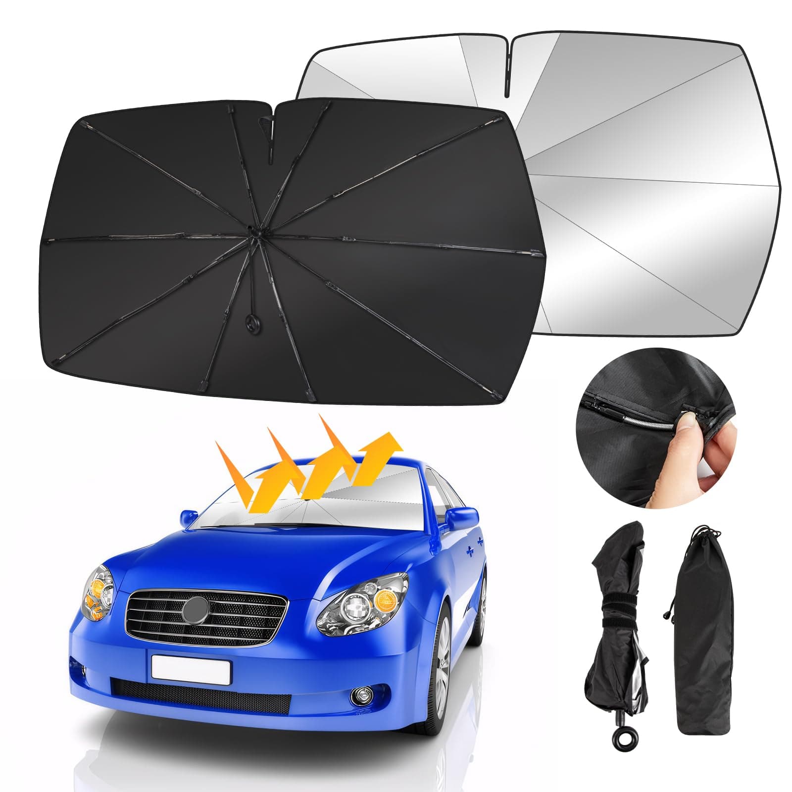Car Sun Shade for Windshield Front Window Sunshades Foldable Windscreen Sunshade Umbrella Tail with Spring Folding Suitable for Windscreen Sun Shade UV Protector 140 * 74cm