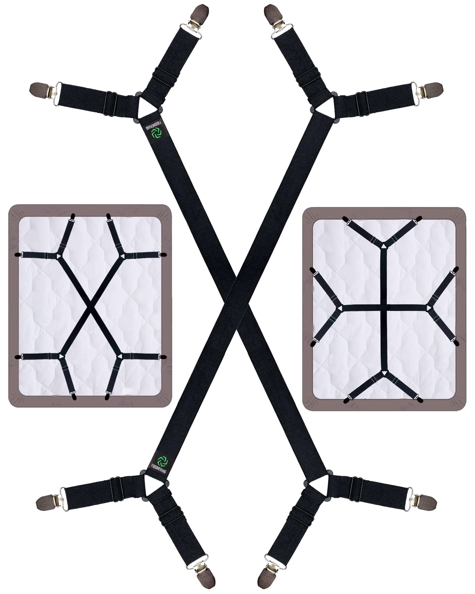 Bed Sheet Clips - Crisscross Fitted Sheet Straps for Bedding, Sheet Grippers and Sheet Holder Elastic Bands Bedsheet Suspenders Fasteners, 2Pcs/Set Black