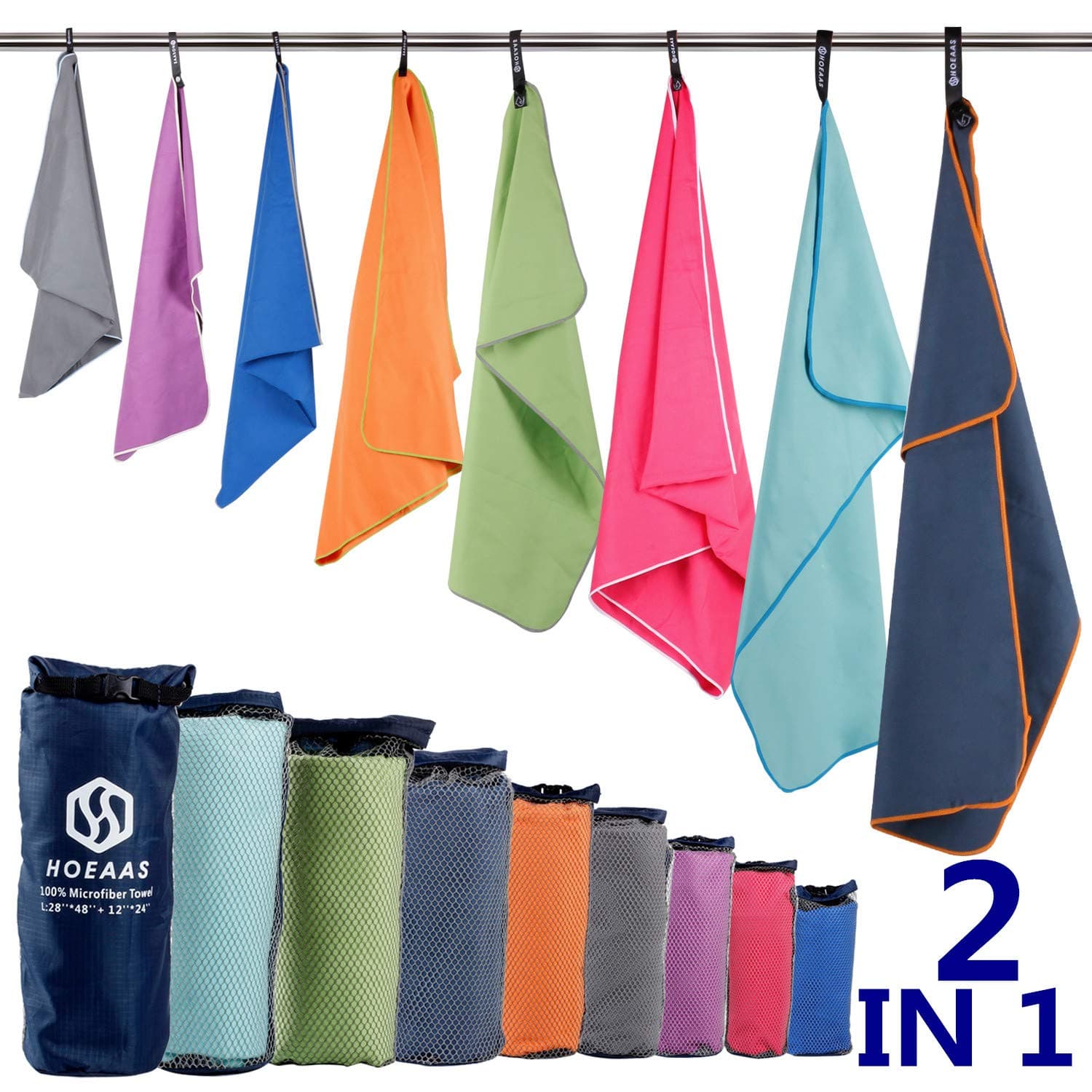 HOEAAS2 Pack Microfiber Camping Towels, Quick Dry Towel, Super Absorbent Ultra Compact Travel Towel Soft Lightweight Sports Towel for Sweat Fast Drying Towels for Pool,Gym,Hiking,Backpacking,Fitness