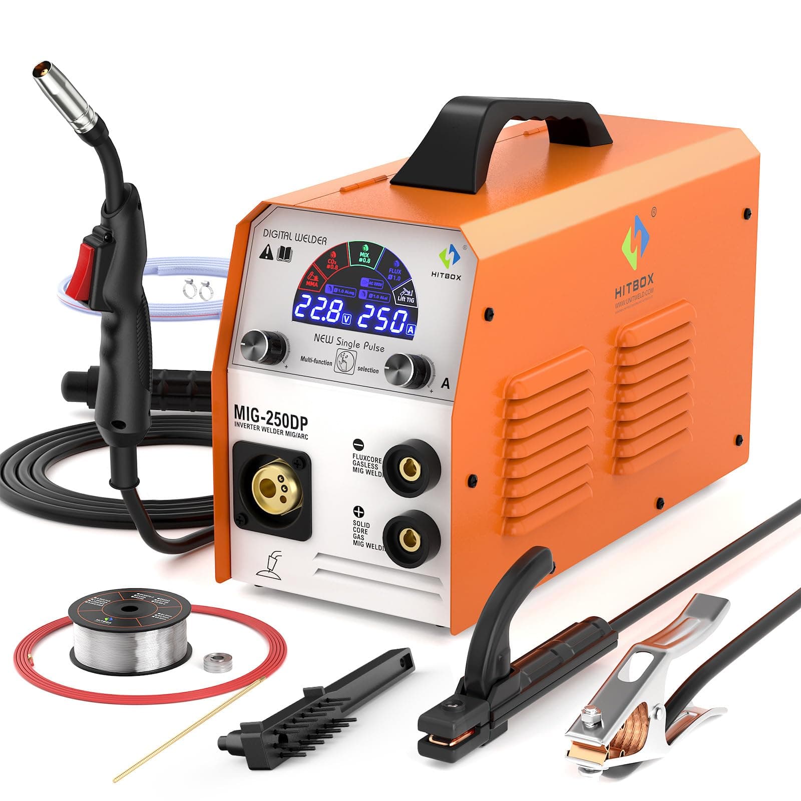 Aluminium MIG Welder 250A, 240V Digital Multi-Process 5 in 1 MIG/MAG/Single Pulse/Gas/Gasless/ARC/Lift TIG Inverter Welding Machine with Large Colour Screen (MIG250DP)