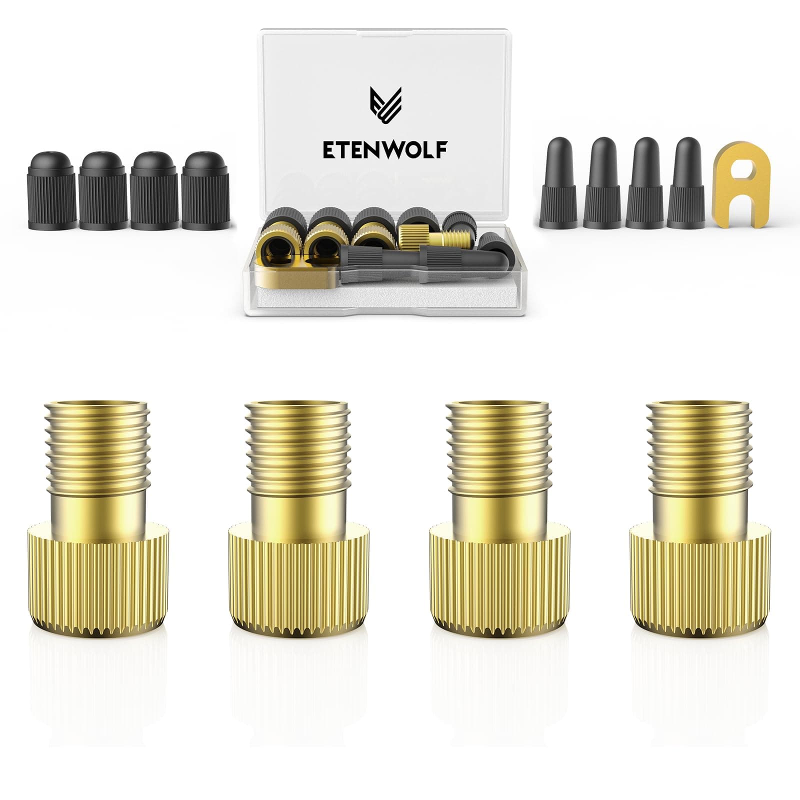 ETENWOLF Brass Presta Valve Adapter 4 Pack, Convert Presta to Schrader Valve Adaptor, Easy Inflation with Standard Pump or Air Compressor, Includes 8 Valve Caps