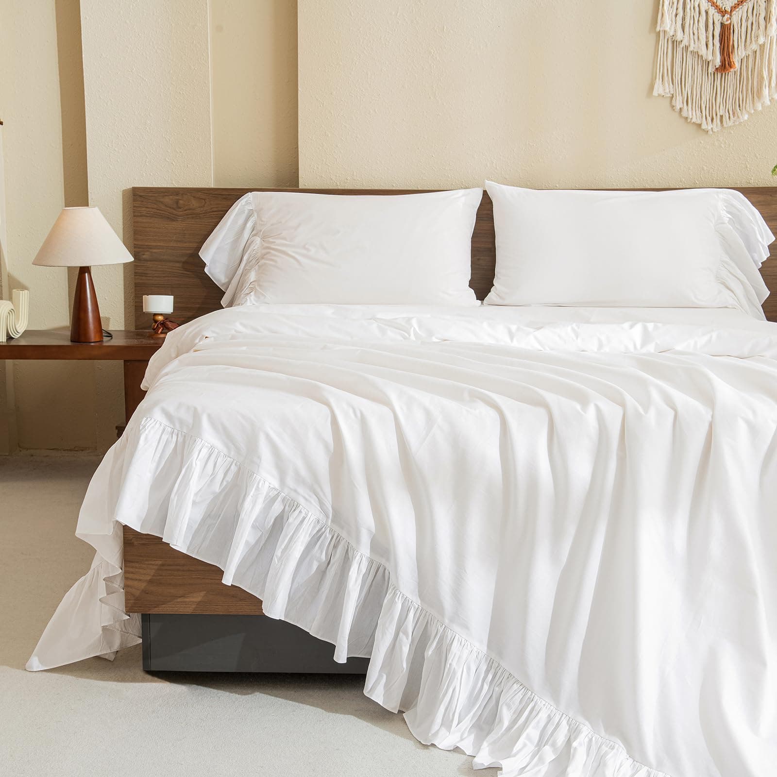 Queen's House White Ruffles Bed Sheets Set Cotton Queen Size Sheets-Style G