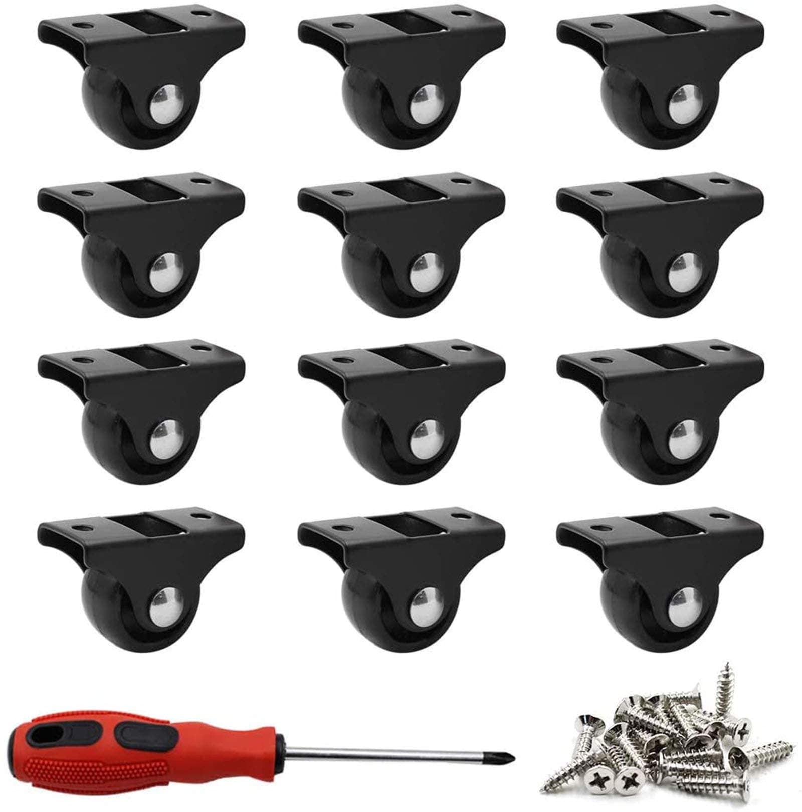 Luomorgo 12 Pack 1" Caster Wheels Rigid Fixed Non Swivel Casters with Metal Top Plate Hard Plastic Wheels for Furniture, Black