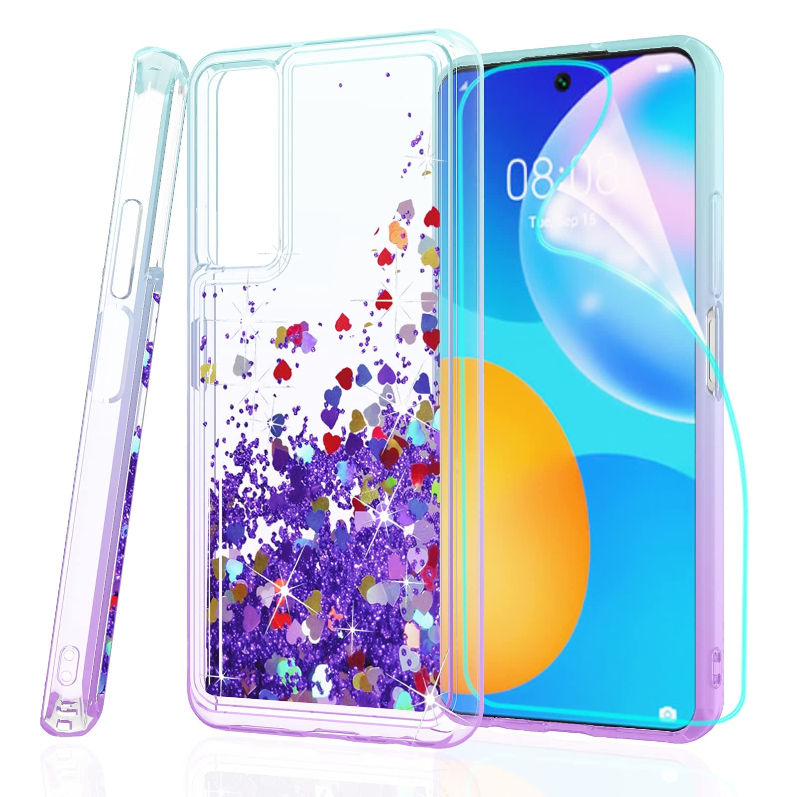 ZingCon Compatible for Huawei P Smart 2021 Case,Y7a Phone Case,[HD Screen Protector] Heavy Duty Shockproof Glitter Waterfall Quicksand Protective Cover-Lake/Purple