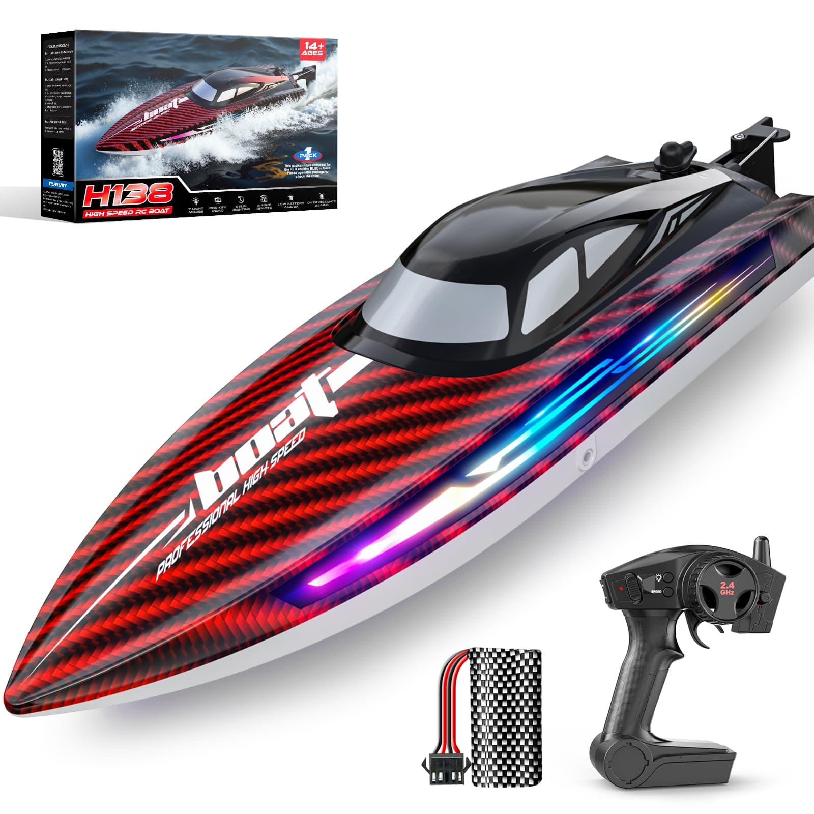 30KMH RC Remote Control Boat with 7 LED Light Modes Waterproof Electric Fast Speed Boat for Adults Kids 8-12 Lake Pool Water Play,Self-righting,Demo,Water Cooling,20Mins,Low Battery Alert,2.4Ghz,Red