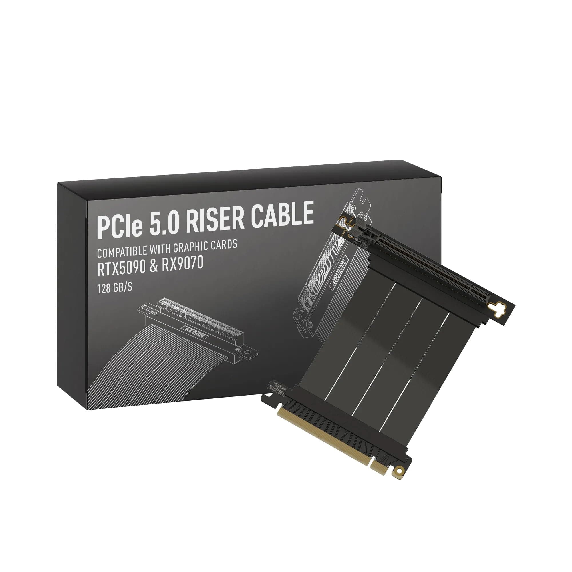 AVA5 PCIE 5.0 Riser Cable | Ready for RTX5090 RX9070 GPU | 128GB/s x16 Speed | Compatible with PCIe 4.0 & WRX80/WRX90E | Right Angle, Black 10cm (Total Length 14cm)