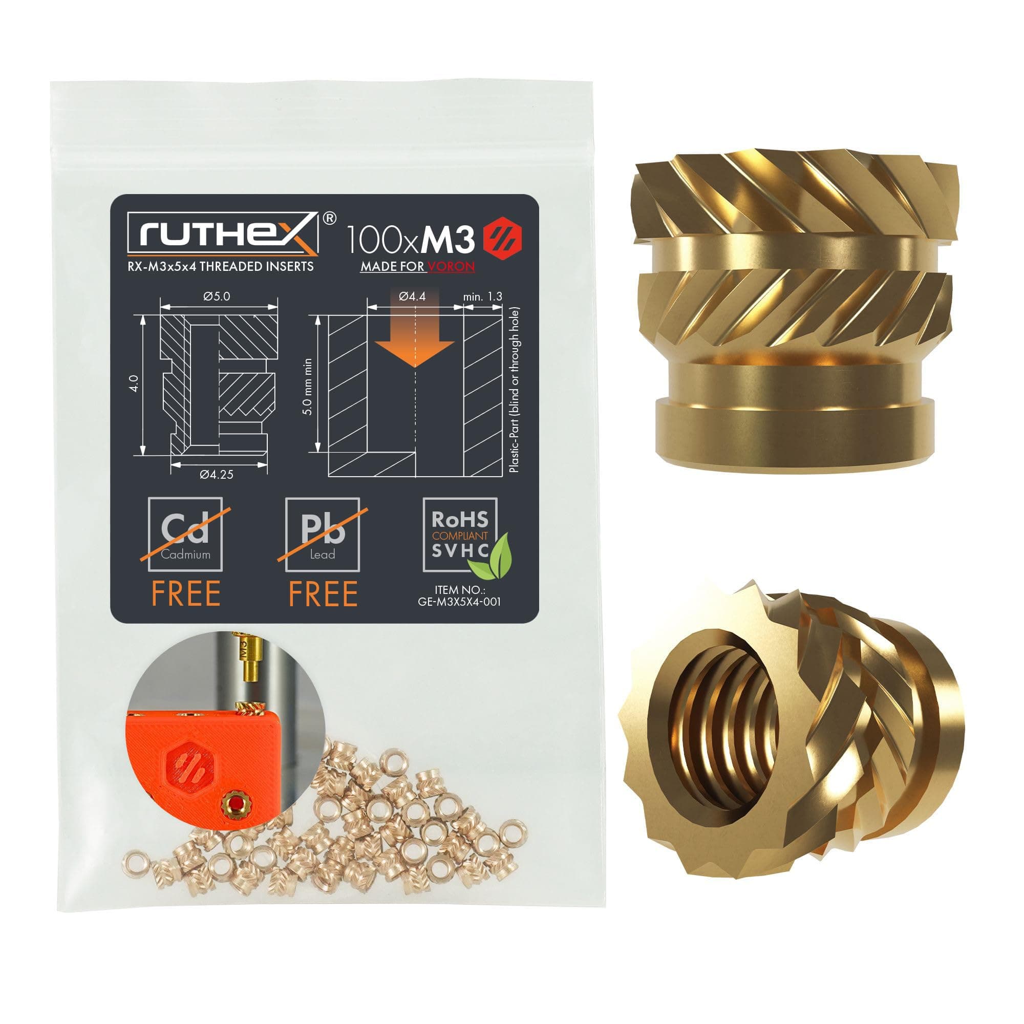 ruthex M3 Threaded Inserts VORON - 100 Pieces RX-M3x5x4 Brass Heat Set Insert for Plastic Parts - Metric knurled Nuts - Insert by Heat into 3D Printing Components