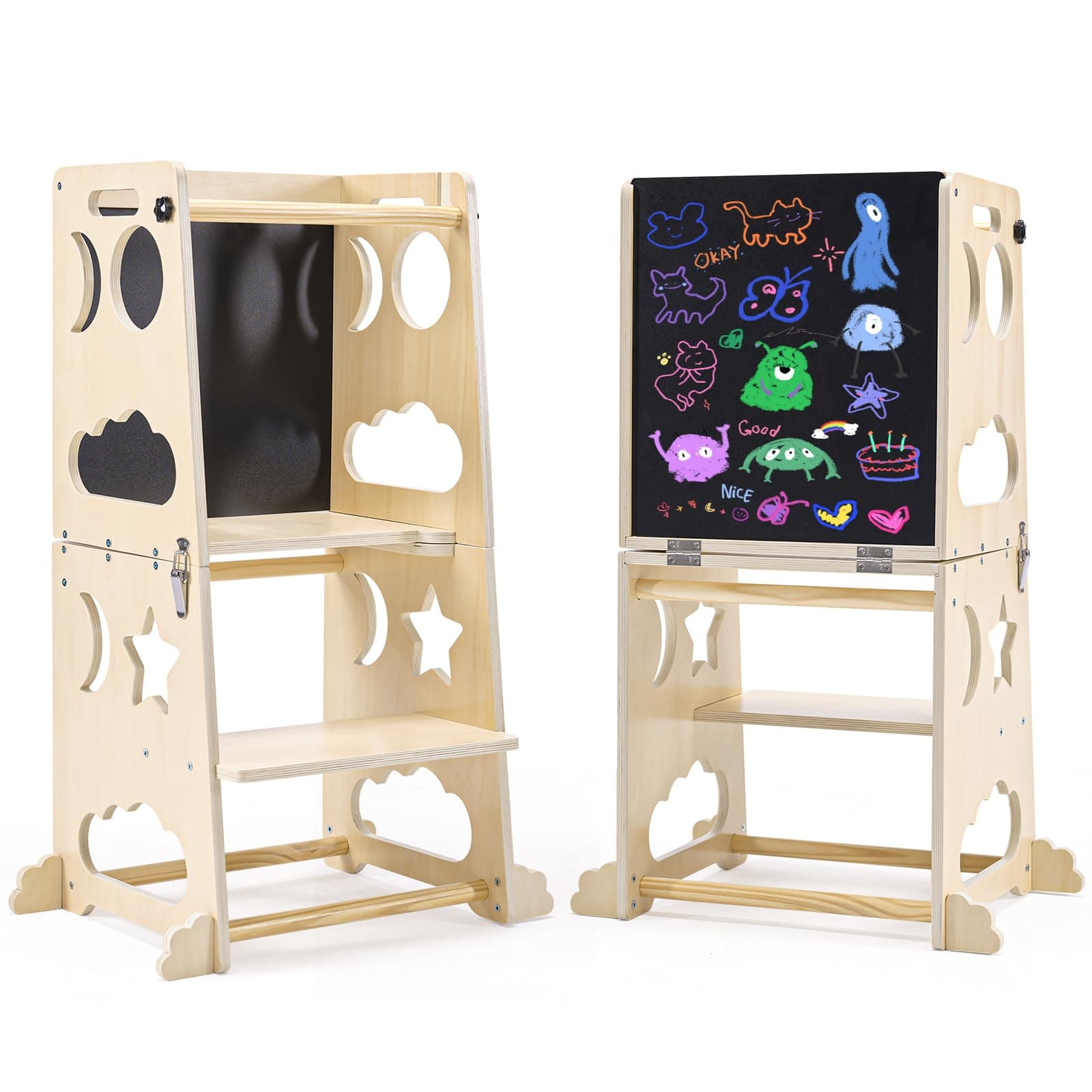 Toddler Step Stool Kitchen Stool Helper, 3 in 1 Toddler Standing Tower Collapsible Kids Step Stool for Bathroom, Montessori Kids Stool, Child Standing Tower for Toddlers with Chalkboard & Safety Rail