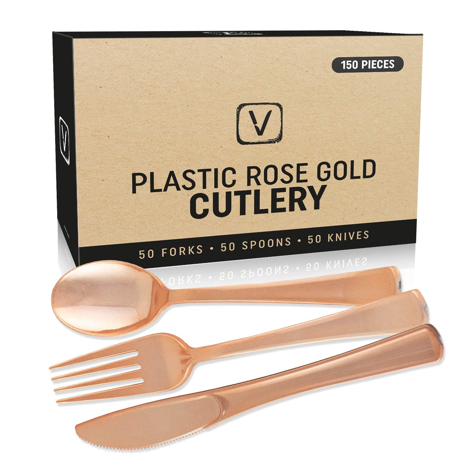 150 pcs Sturdy Rose Gold Silverware Set| Rose Gold Plastic Silverware for Black Tie Events, Wedding Receptions & Parties| Rose Gold Forks, Knives & Spoons| Disposable Rose Gold Cutlery With No Cleanup