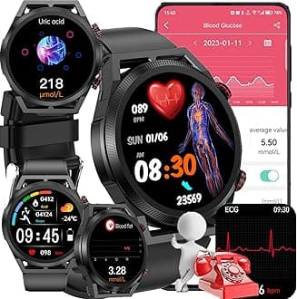 Blood Glucose Smart Watch, ECG HRV Fitness Tracker with Heart Rate Blood Pressure Uric Acid Measurement, Blood Lipid Monitoring, 20 Sports Modes, Text & Call, for Men & Women,Black