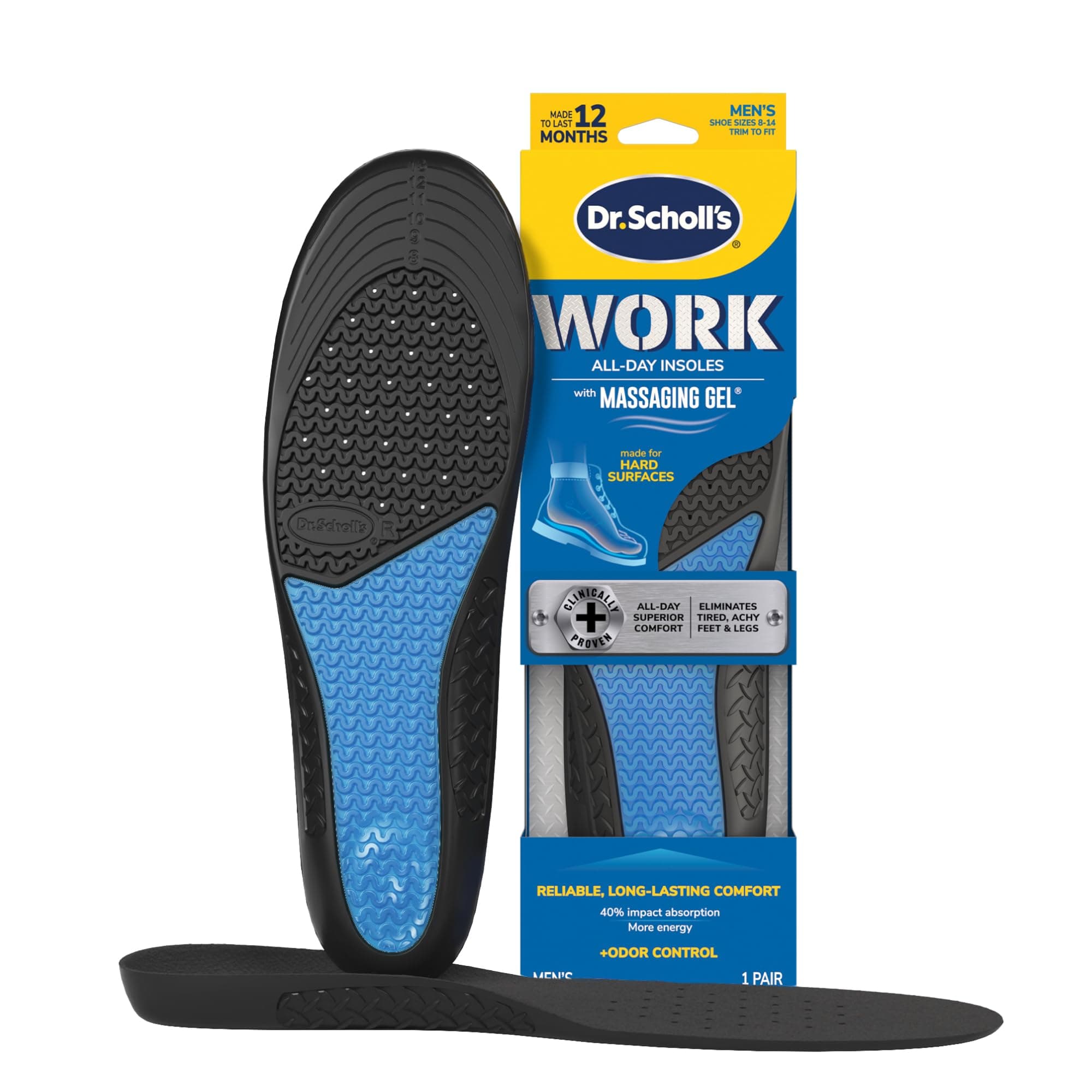 Dr. Scholl's Work Massaging Gel, Advanced Insoles for Shoe Inserts, Standart, For Men, 1 Pair